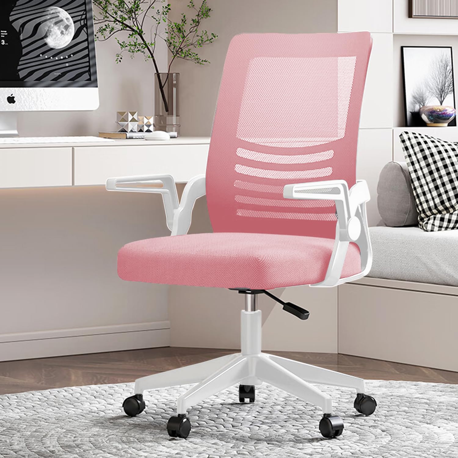 HDHNBA Computer Chair Mesh Ergonomic Office Chair Home Office Lumbar Support Padded Flip-up Armrest Swivel Desk Chair,Pink