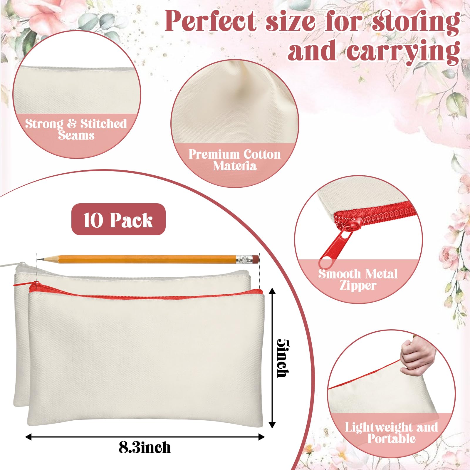 Legigo Bolsas de lona en blanco con cremallera, bolsas de maquillaje, bolsa
