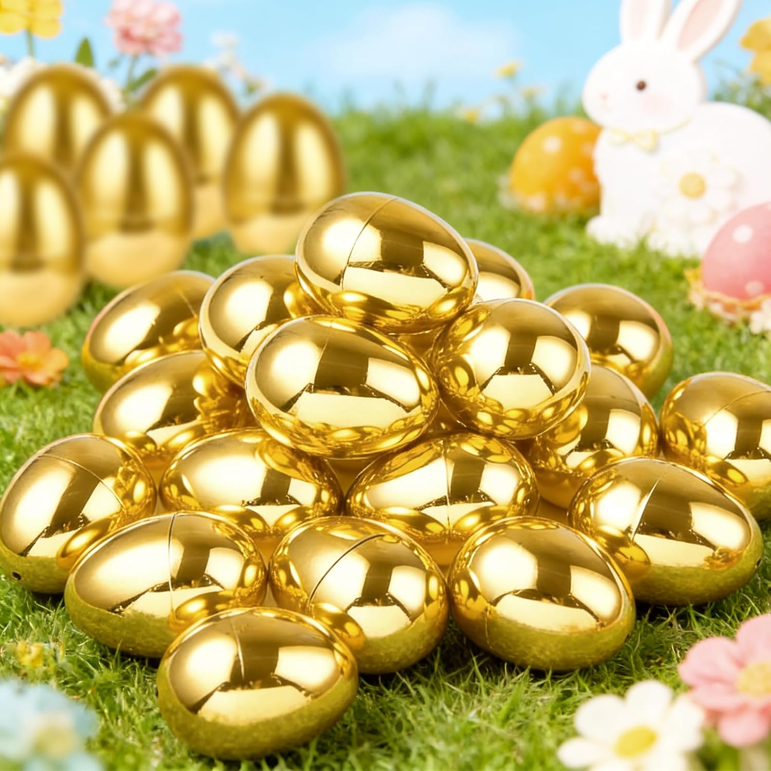 TURNMEON 24 Pack Golden Easter Eggs Empty, 2.36" Shiny Metallic Plastic Easter Eggs Fillable Surprise Gold Eggs for Easter Egg Hunt Fillling Candy Treats Toys Basket Stuffers Classroom Prize Supplies