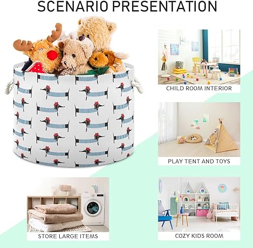 Miniatura 4 de FRODOTGV Lindo perro salchicha parisino de dibujos animados blanco cesta de almacenamiento plegable e impermeable contenedor de juguetes círculo con