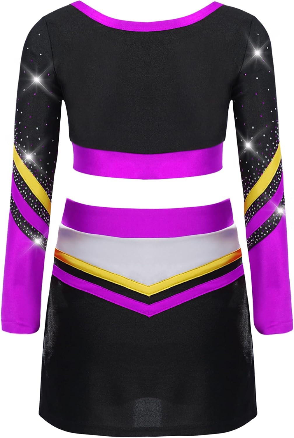 Cheer Costume for Girls Cheerleading Outfit Themed Party Dance Long Sleeve Rhinestone Top with Skirt Purple 12 Years
