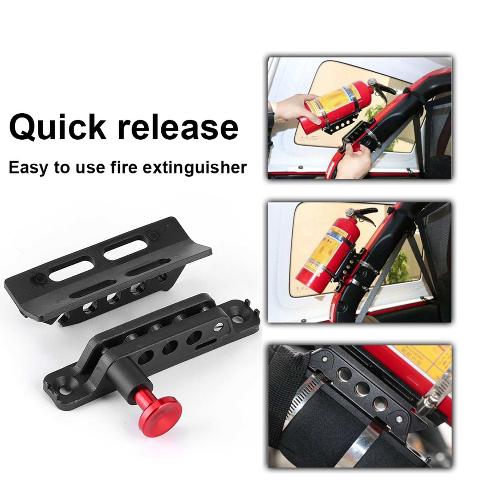 Extinguisher Mount, soporte ajustable para extintor compatible con JK Sport Sahara y Polaris 700 800 900 fijación segura en asiento nylon y aluminio liberación rápida sin taladrar