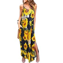 HUSKARY Womens Summer Casual Sleeveless V Neck Strappy Split Loose Dress Beach Cover Up Long Cami Maxi Dresses with Pocket