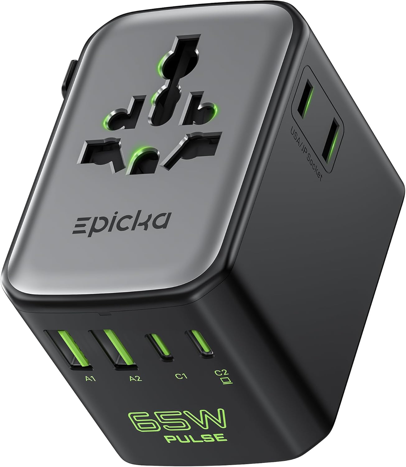 Epicka Pulse Duo 65W Universal Travel Adapter: Fast Charge 6 Devices Worldwide, PD QC 3.0, Compact Black Travel Essential