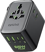 Epicka Pulse Duo 65W Universal Travel Adapter: Fast Charge 6 Devices Worldwide, PD QC 3.0, Compact Black Travel Essential