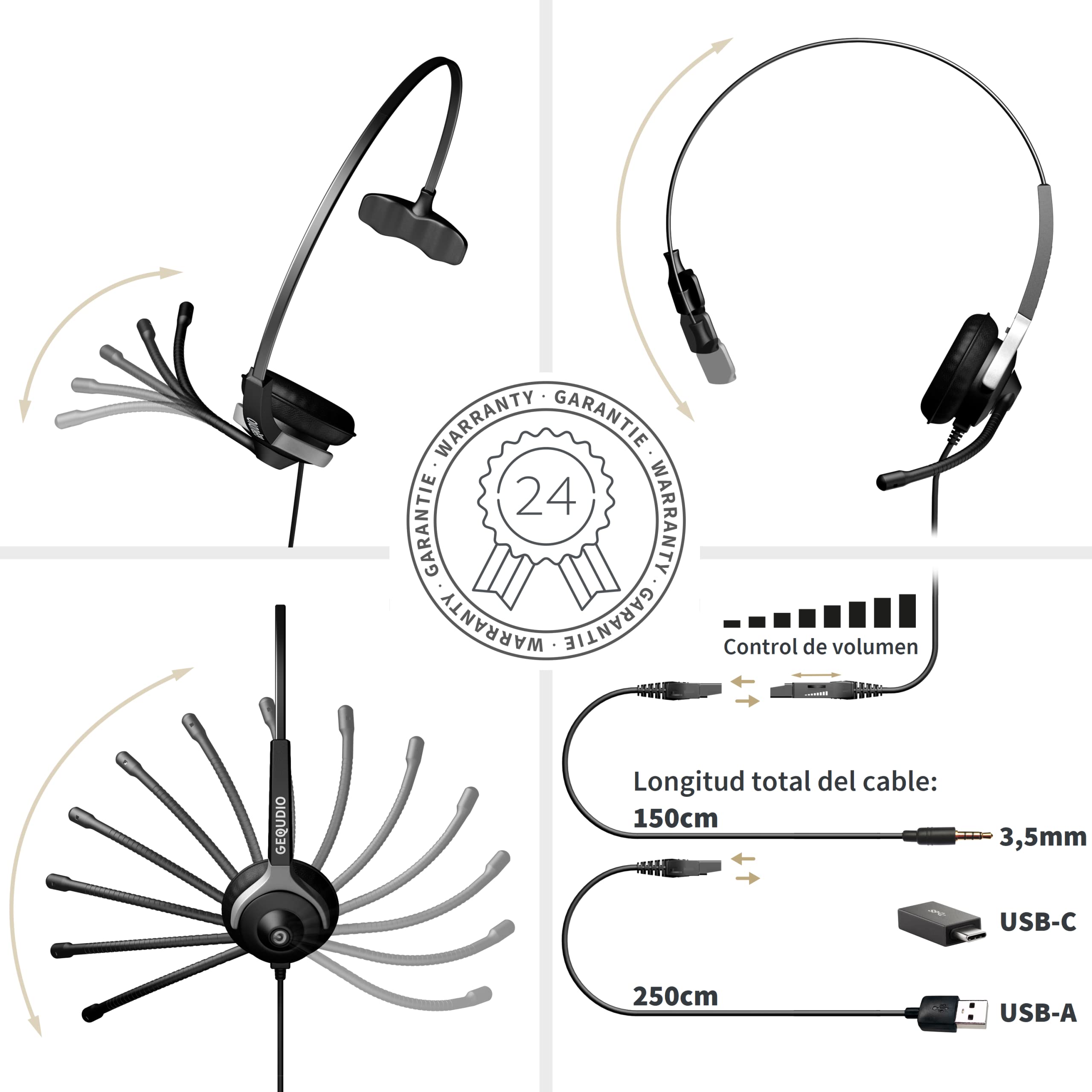 GEQUDIO Auriculares con conexión USB-A, USB-C y Jack de 3,5 mm adecuados para PC y Mac - Almohadillas de Repuesto para Auriculares - Cable reemplazable - la luz 60g (1 Altavoz)
