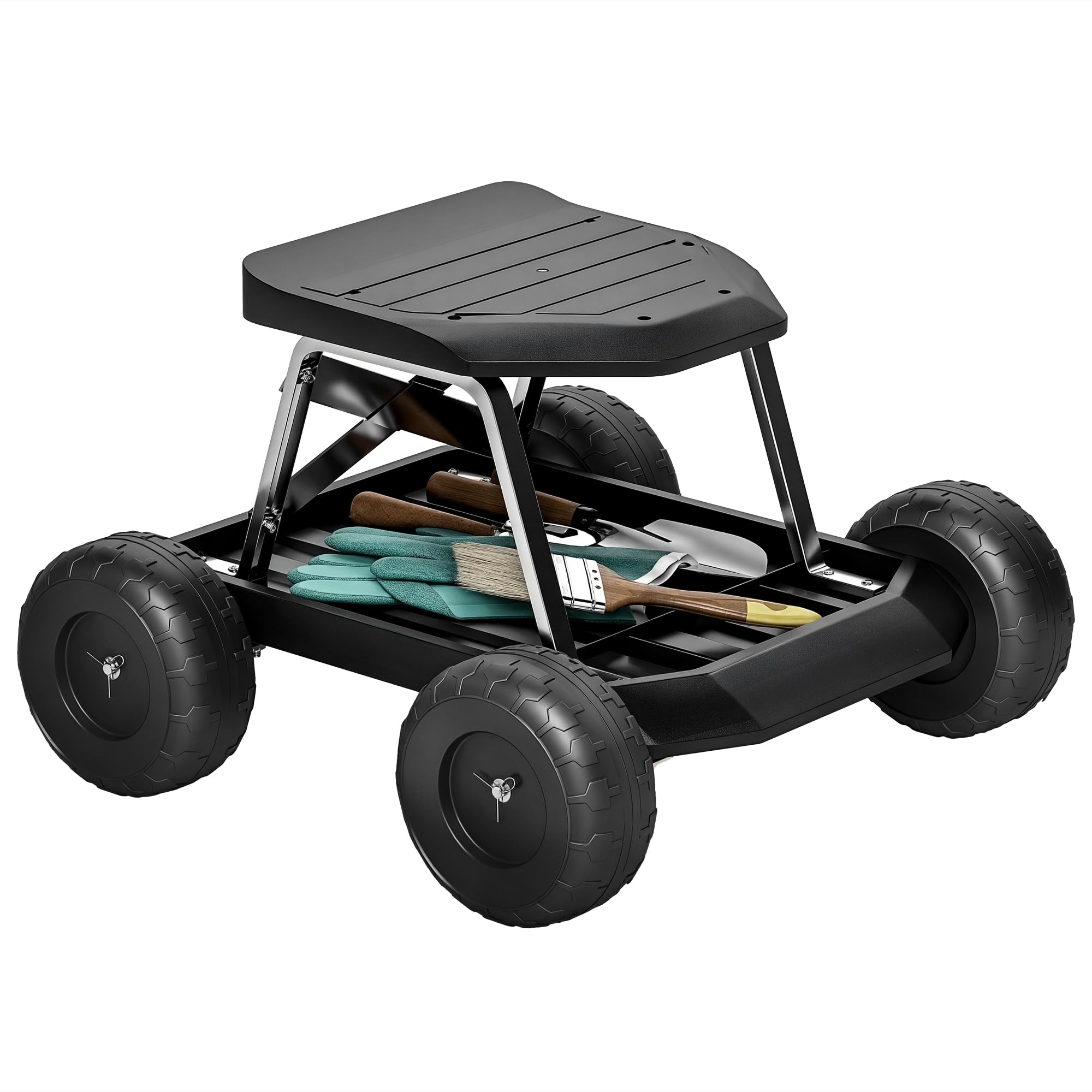 Outsunny Asiento de Jardín con Ruedas Taburete de Jardinería con Bandeja de Herramientas Carrito para Trabajo Carga 130 kg para Patio Exterior Negro