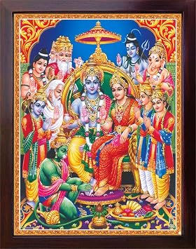 HandicraftStore Hanuman and Sita Ram sitting in palace and other Hindu religious god giving blessing, A Hindu Holy Religious Poster painting with frame for Hindu Religious and Gift purpose