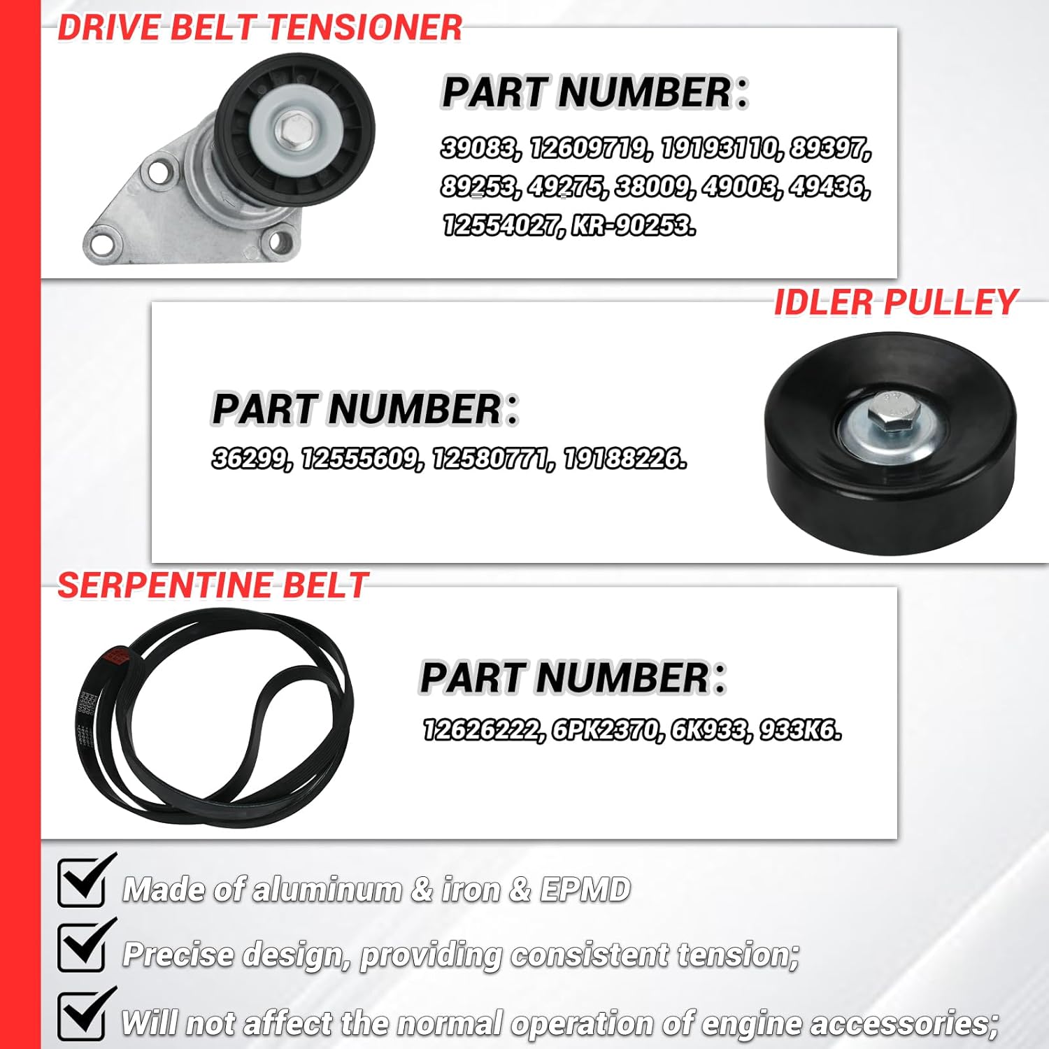90K-38158C Serpentine Belt Drive Tensioner Pulley Component Kit Fits for GM 2003-2006, Fits for Chevrolet 2002-2007, Fits for GMC 2002-2007#OE 38158 6PK2370