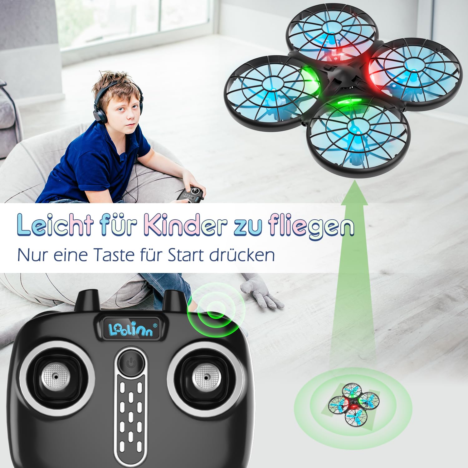 Loolinn | Drohne für Kinder Geschenk - Mini Drohne mit Antikollisionstechnologie, Sicher für Kinder, Leicht zu fliegen, Handgesteuerter Modus, Geprüftes C0-Zertifikat (Geschenk für Jungen und Mädchen)