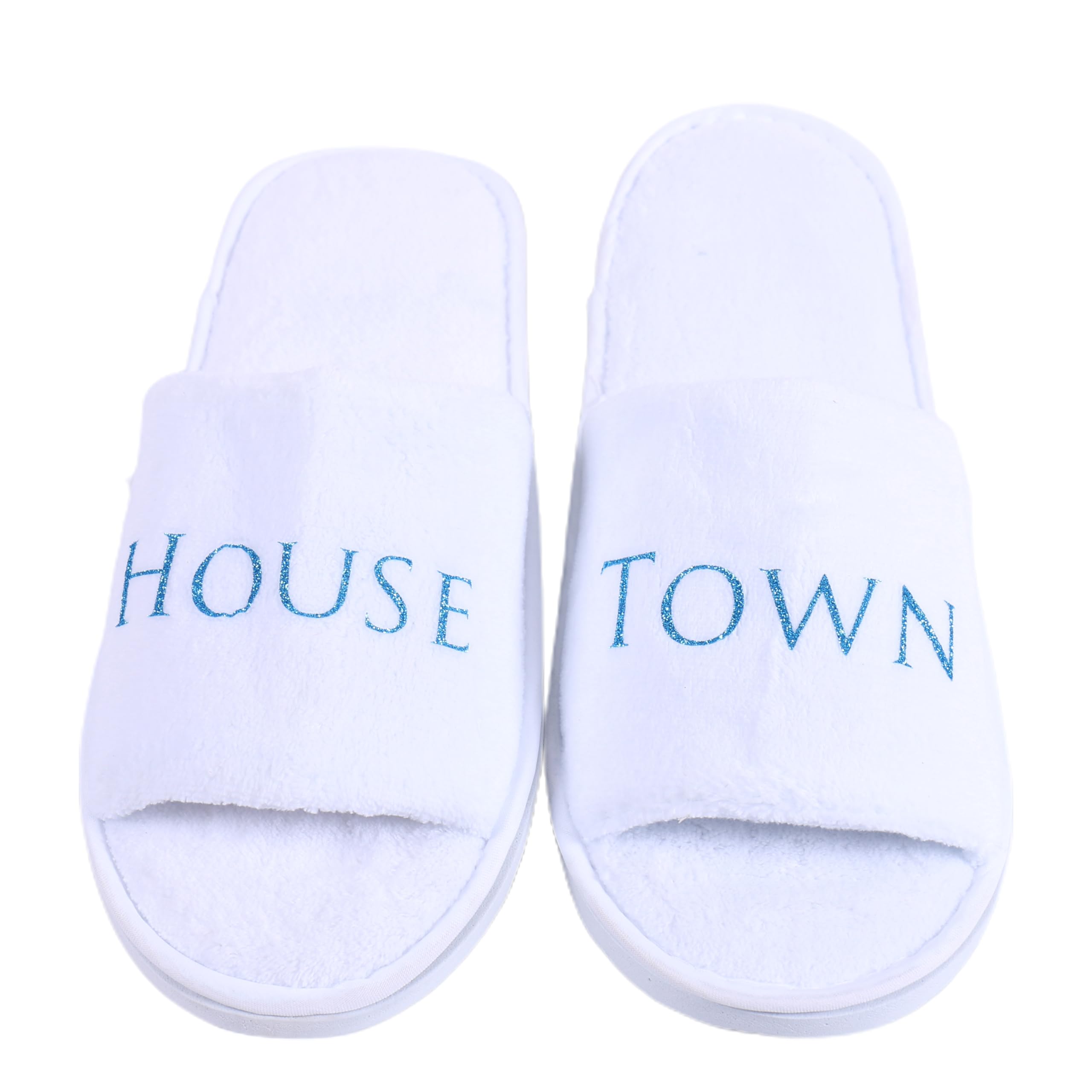 Personalized Unisex SPA Slippers with Glitter Name Custom Text Open-toe One-Size Disposable Thick Sole Comfy Hotel Slides Wedding Bridal Shower Party Welcome (White)