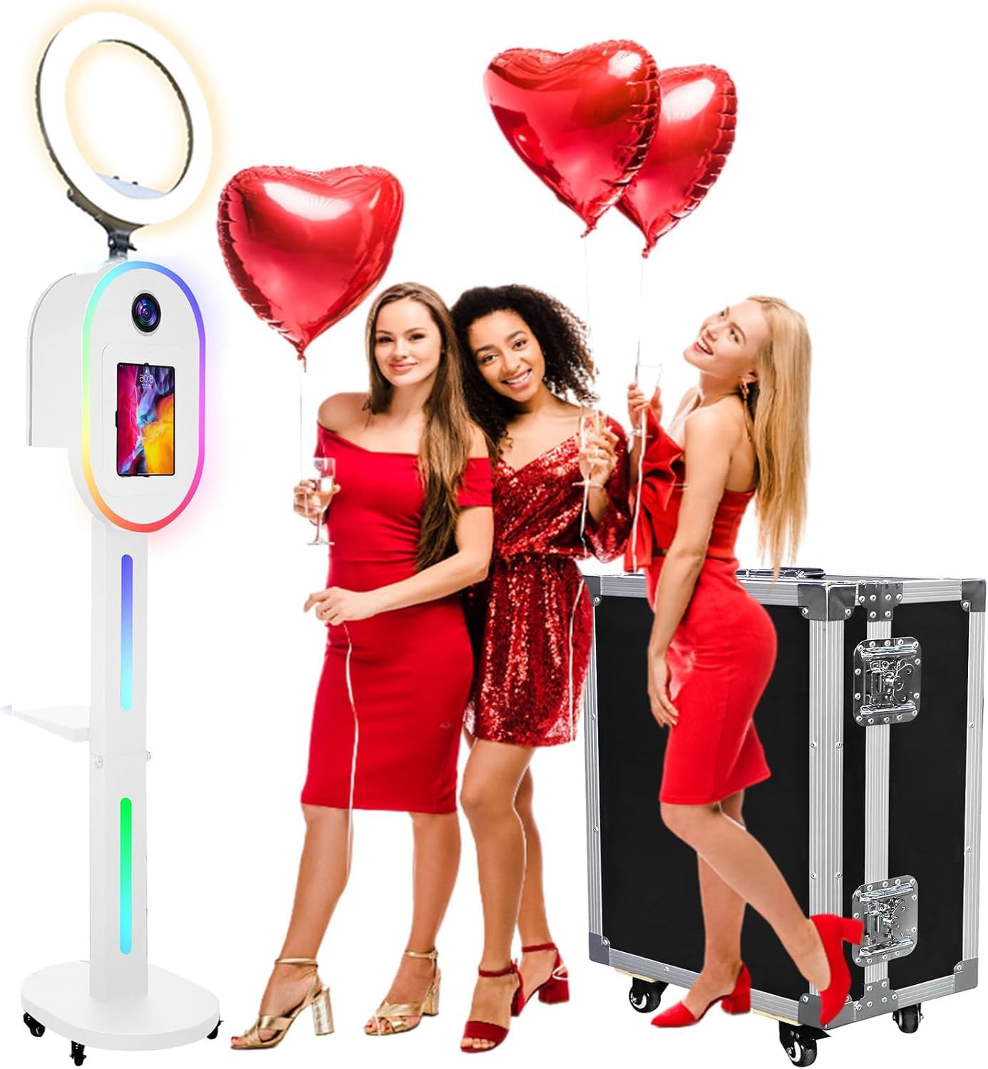 Photo Booth for iPad 10.2" 10.9" 11" 12.9" 13" for Camera Dualuse Selfie Station Shell Stand APP Control RGB Ring Light Music Sync Light Box Photobooth Machine with Flight Case for Rental