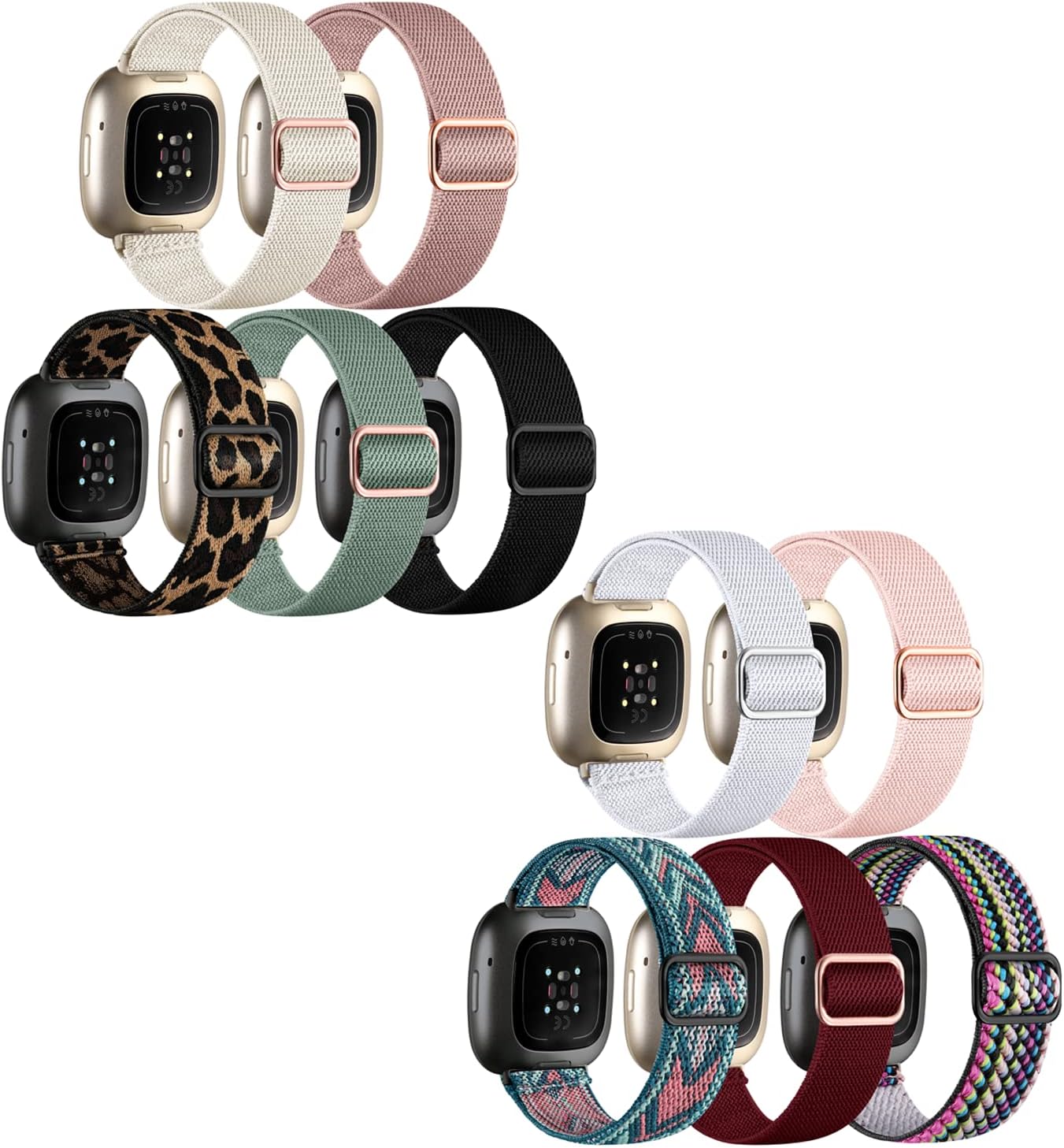 10 Pack for Fitbit Versa 3 Bands/Fitbit Versa 4 Band/Fitbit Sense Bands for Men Women, Adjustable Stretchy Solo Loop Elastic Nylon Sport Strap for SmartWatch Replacement