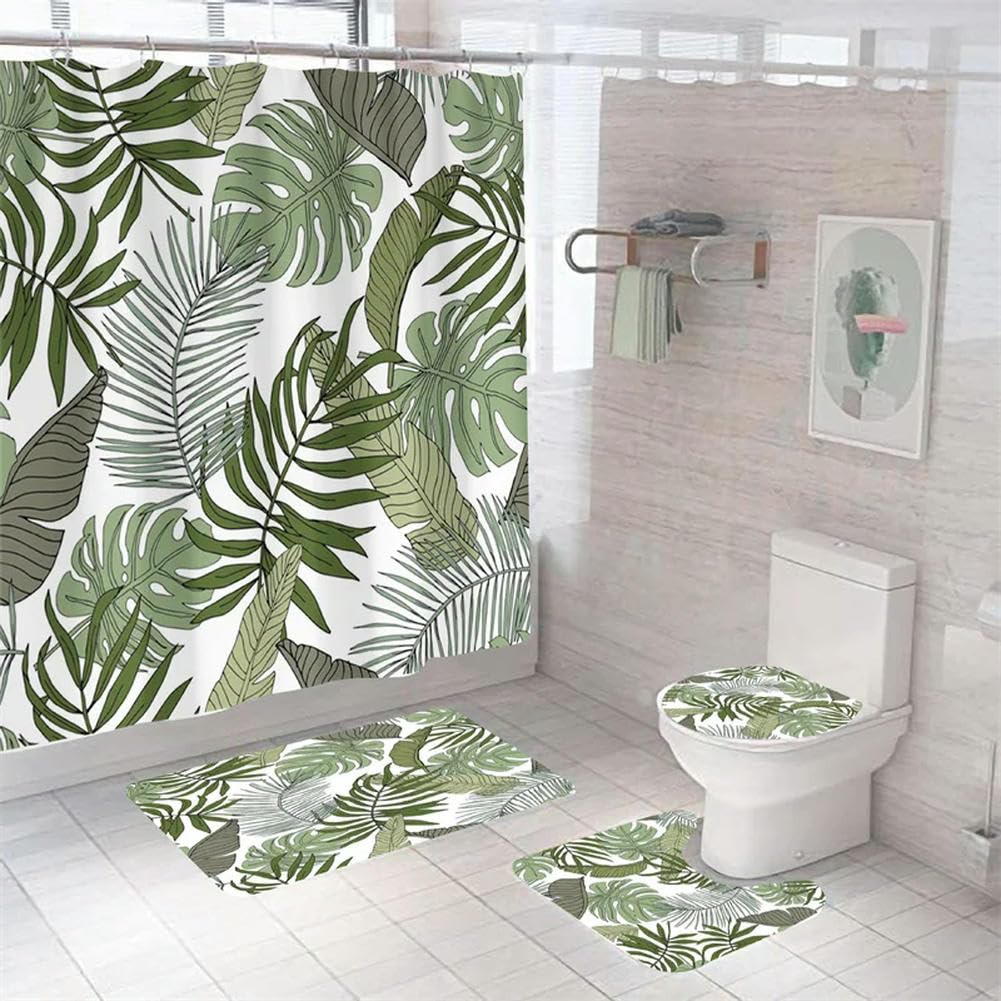 Tititex Badezimmer-Set Mit Duschvorhang, Badematte & WC-Bezug – Tropische Palmen, Wasserdicht, 4-teilig