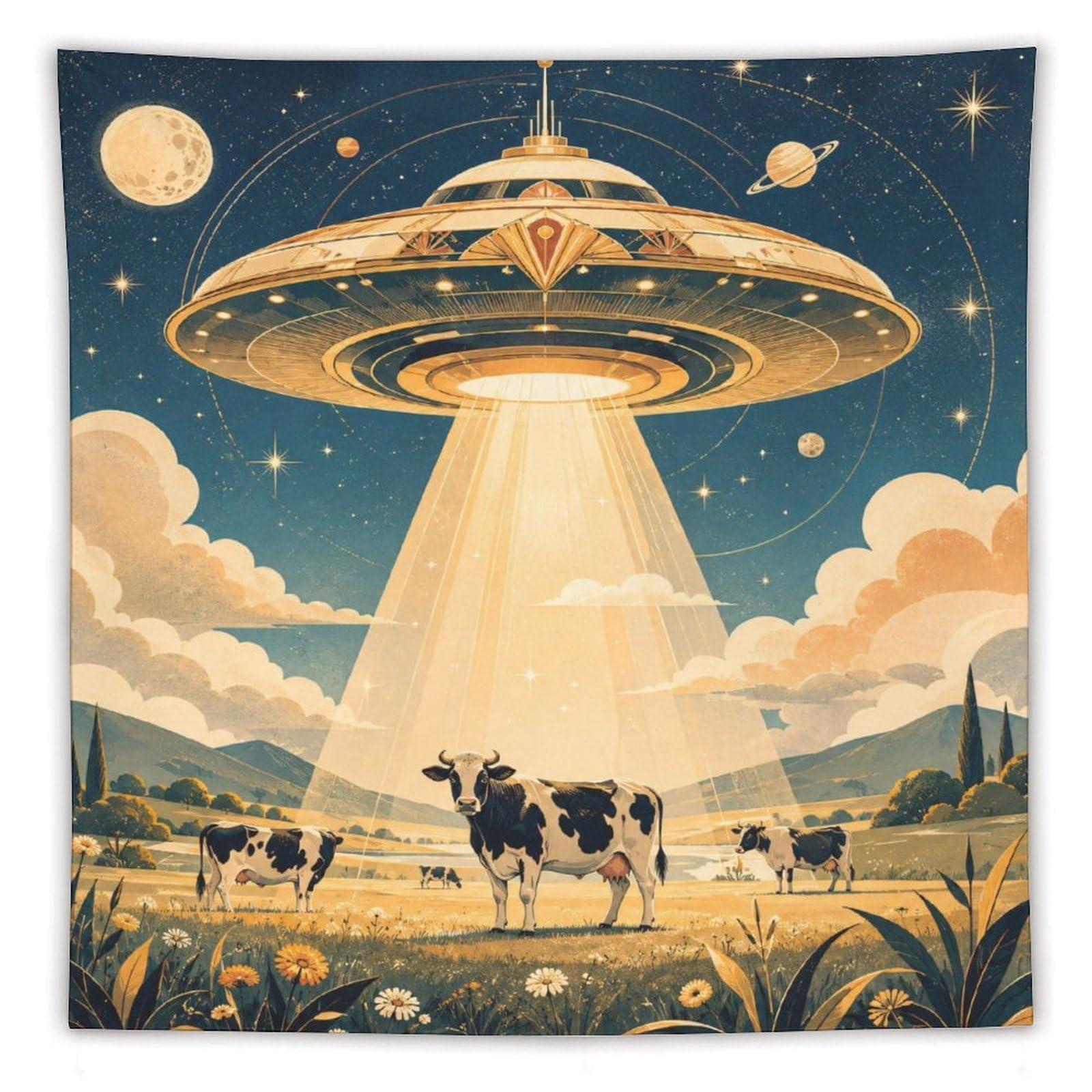 H3B8U2Y5 UFO Cattle Cosmic Sky Wall Tapestry, Realistic Illustration