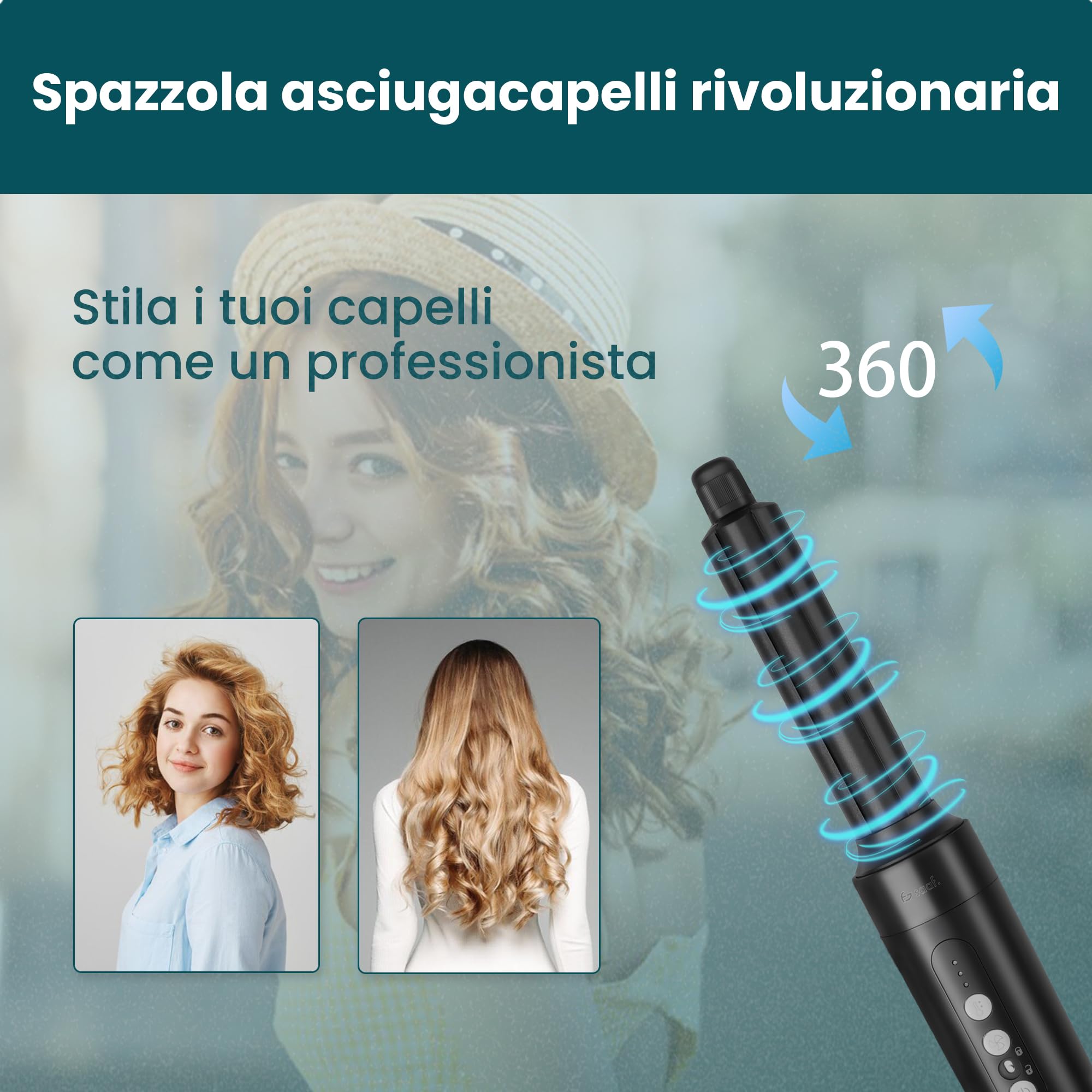 Saaf Spazzola Asciugacapelli 7-in-1 – Set Airstyler 8 Pezzi – Phon, Spazzola Arricciacapelli, Spazzola Liscia – Multistyler Hairwrap – Per Donne – Idea Regalo – Nero – Strumento Capelli
