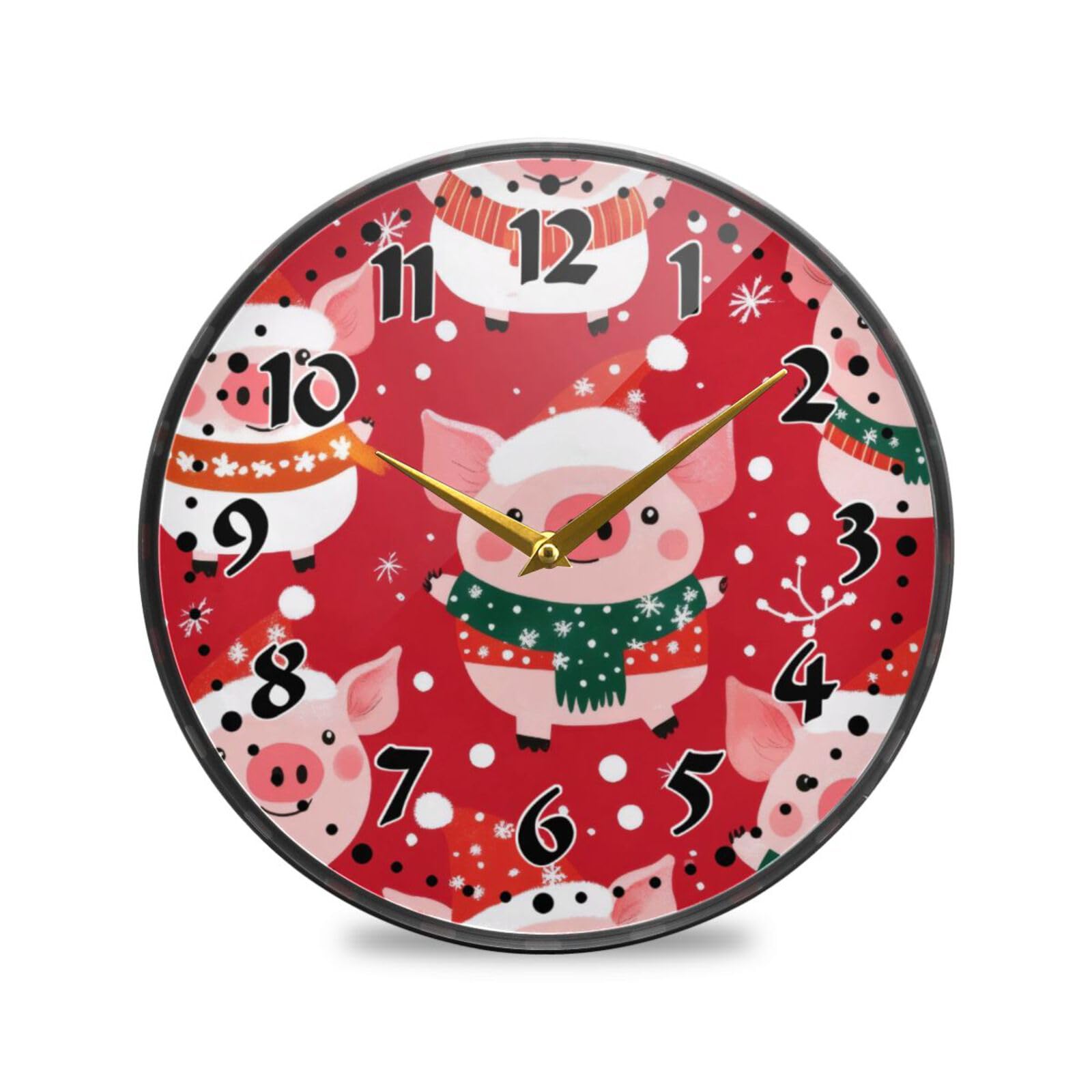 Pig Chirstmas Wall Clock 9.5 Inch Silent Non Ticking Battery Operated Analog Clocks for Office, Home, Kitchen, Bedroom, School, and Living Room Decor