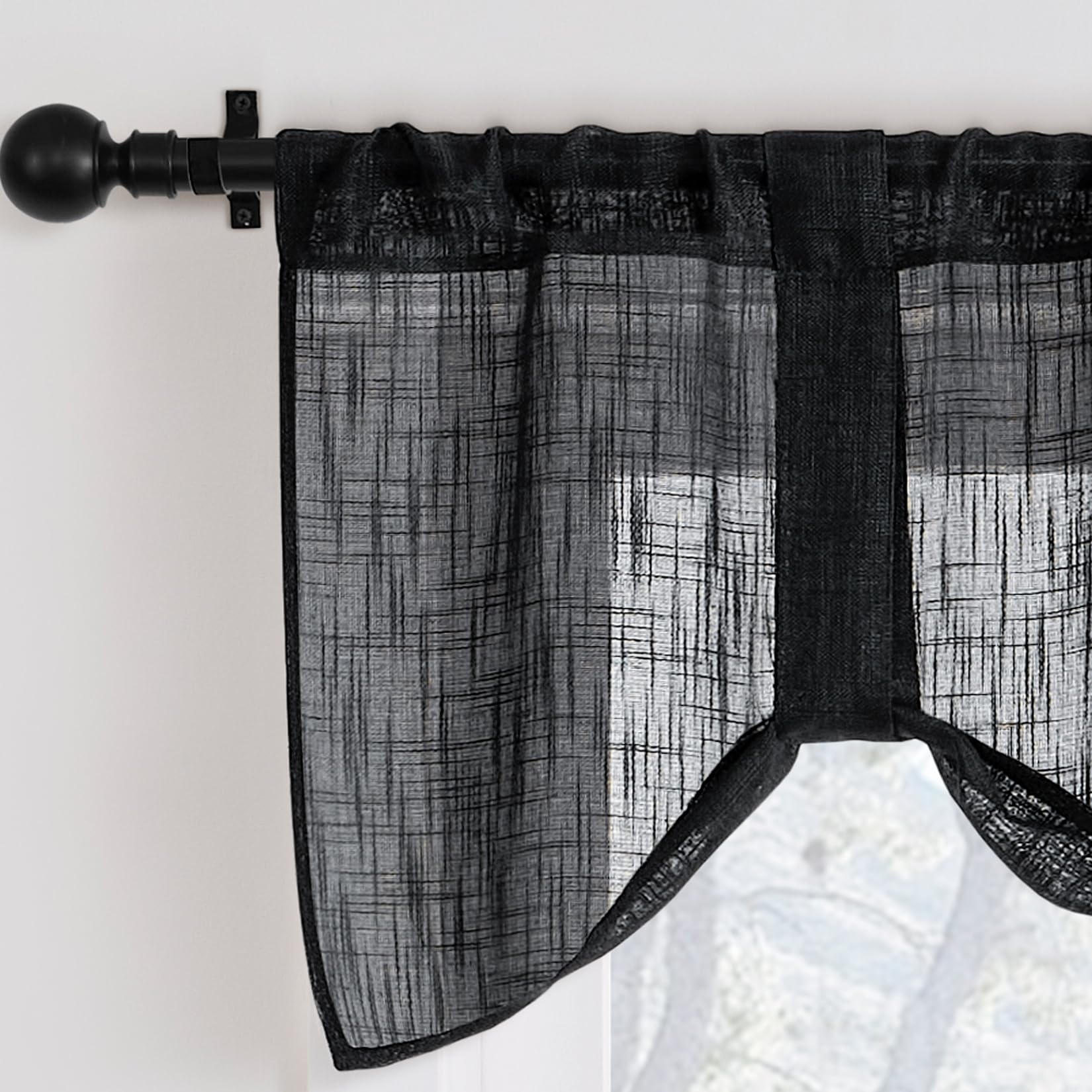 Home Queen Linen Look Tie Up Valance Curtain, Semi Sheer Balloon Valence for Home Decoration, Length Adjustable Drape for Living Room and Bedroom, 54 X 20 Inch, Black