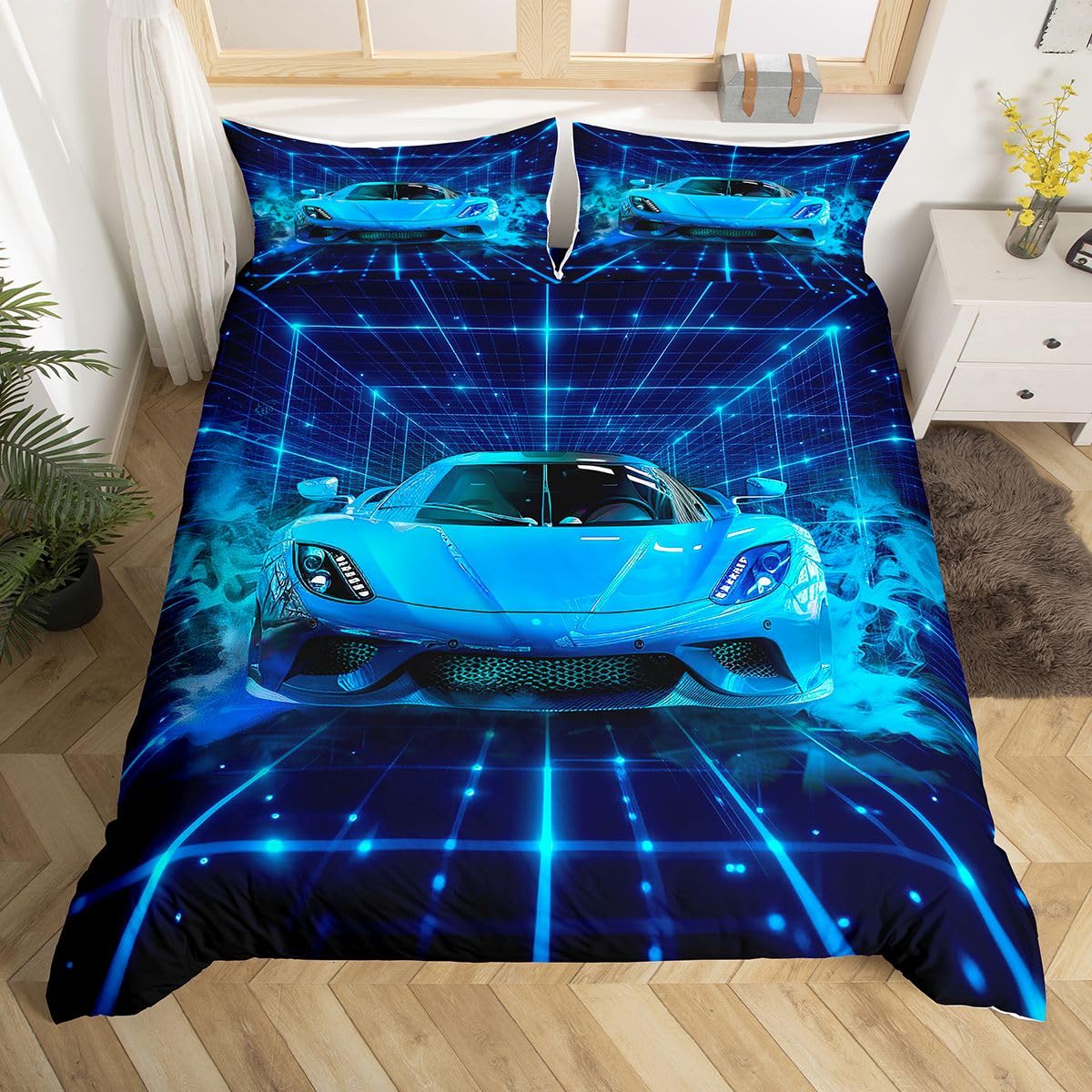 Homemissing Blue Race Car Duvet Cover Set Cot Size For Kids Boys Girls Racing Car Bedding Set Geometric Checkered Duvet Cover with 1 Pillowcase Extreme Sports Bedding