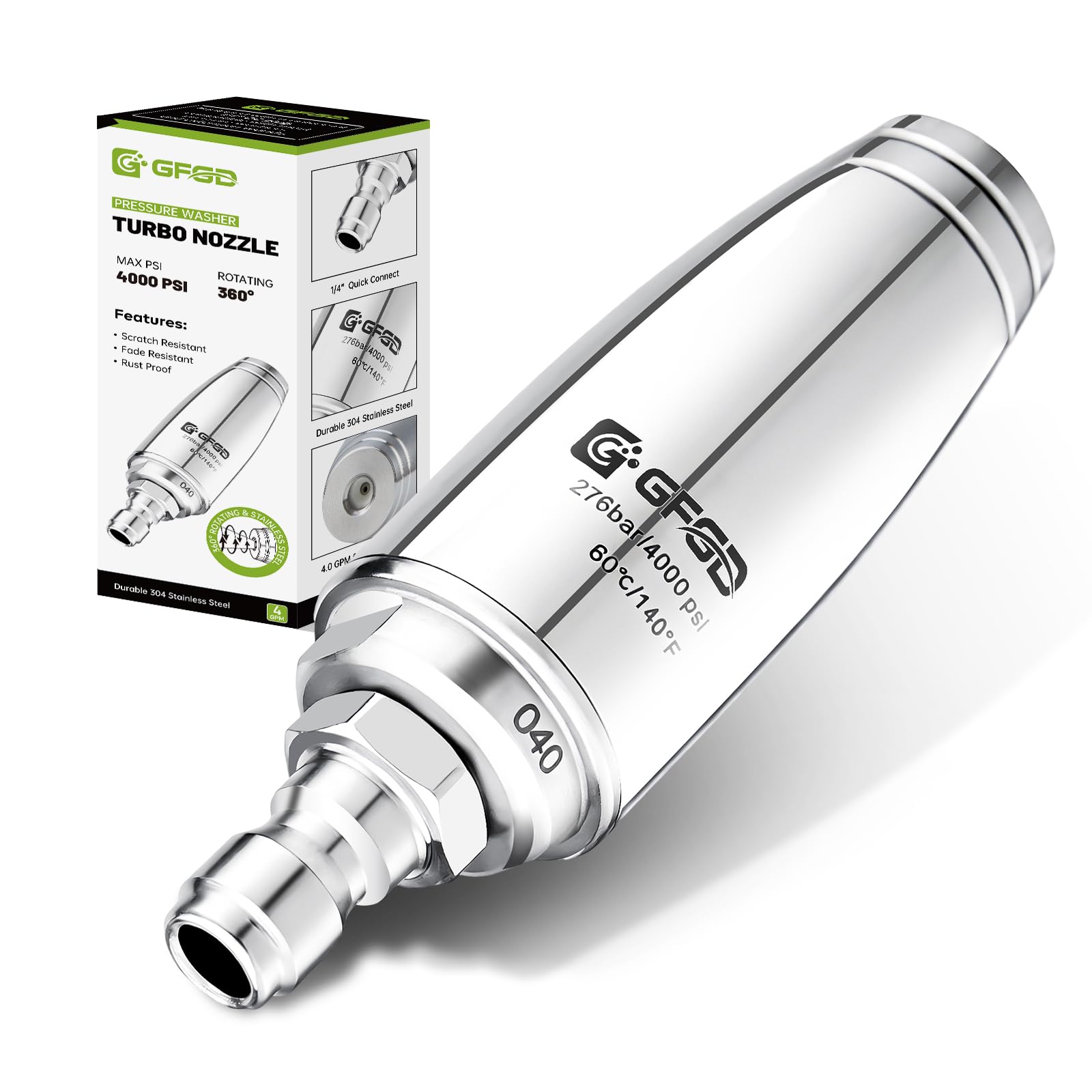 Photo 1 of GFGD Stainless Steel Turbo Nozzle Pressure Washer 4000 PSI, 360° Rotating Pressure Washer Tips with 1/4” Quick Connect 4.0 GPM 4.0 Orifice Power Washer Attachments for Garden Car Cleaning