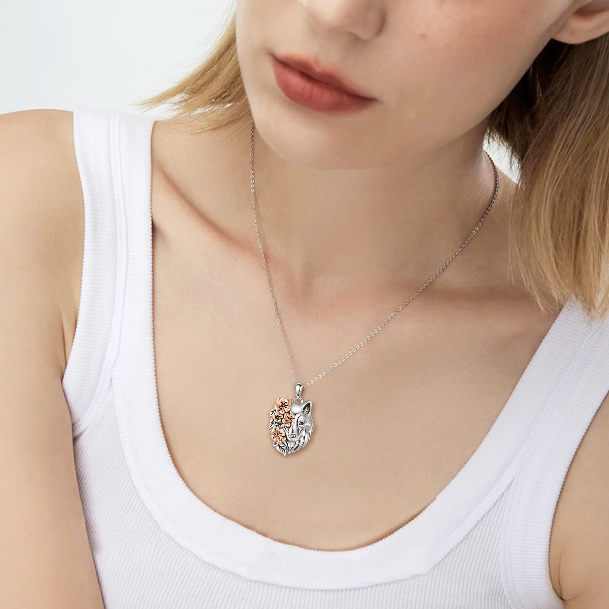 YAFEINI Wolf Anhänger Halskette 925 Sterling Silber Blume Wolf Kopf Halskette Tier Schmuck Geschenke für Frauen