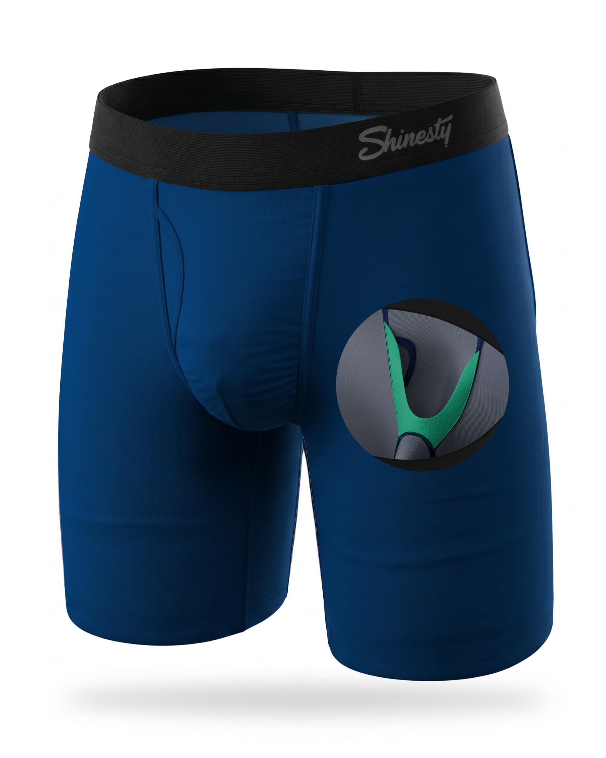 Shinesty Hammock Support Long Leg Boxer Briefs for Men | Anti-Chafing, Moisture Wicking, Breathable, Navy Blue, L