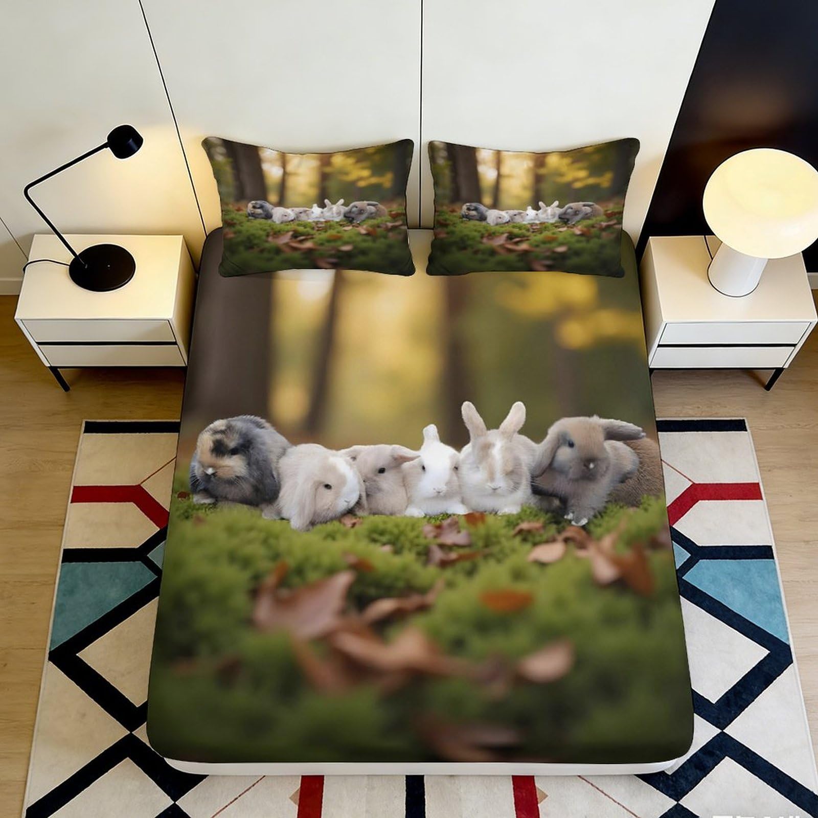 Uynsixtme Style-4 3D Printed Forest Rabbit Fitted Sheet Microfiber Deep Pocket Non-Slip Bedding Forest Rabbit Mattress Fitted Cover Elastic Washable Home 90X200x25cm