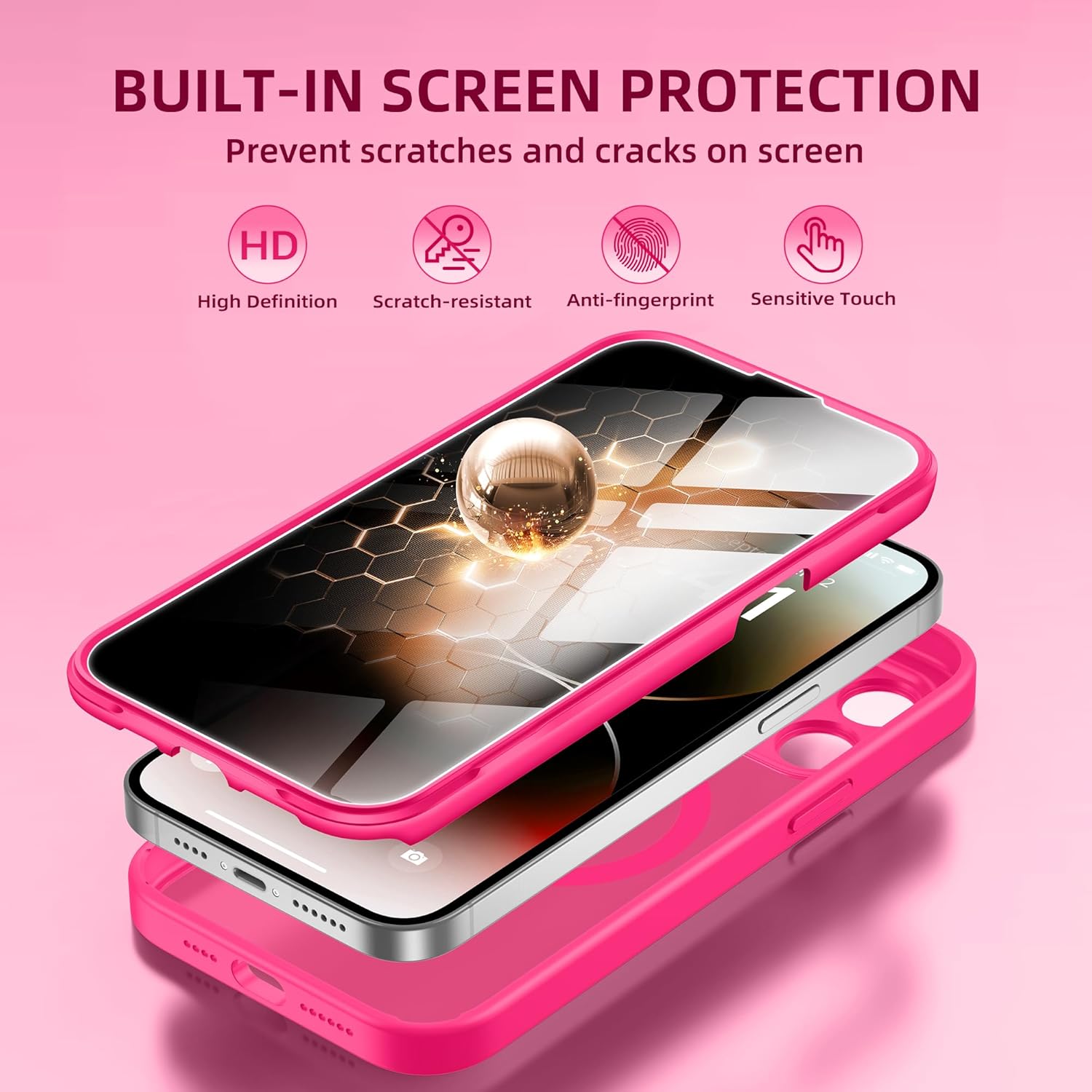 BERFY for iPhone 14 Pro Max Case, Compatible with MagSafe, Built-in Privacy Screen Protector, Camera Protection, Shockproof Full Body Phone Case 6.7", Translucent Hot Pink