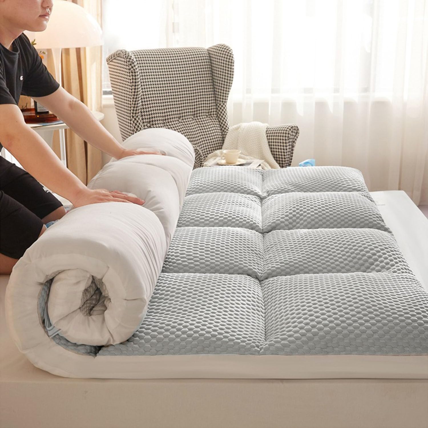 Japoński materac podłogowy futon, grubsza miękka przenośna poduszka do spania podwójny pojedynczy materac składany zwijany fotel podłogowy łóżko szare 90 x 200 cm