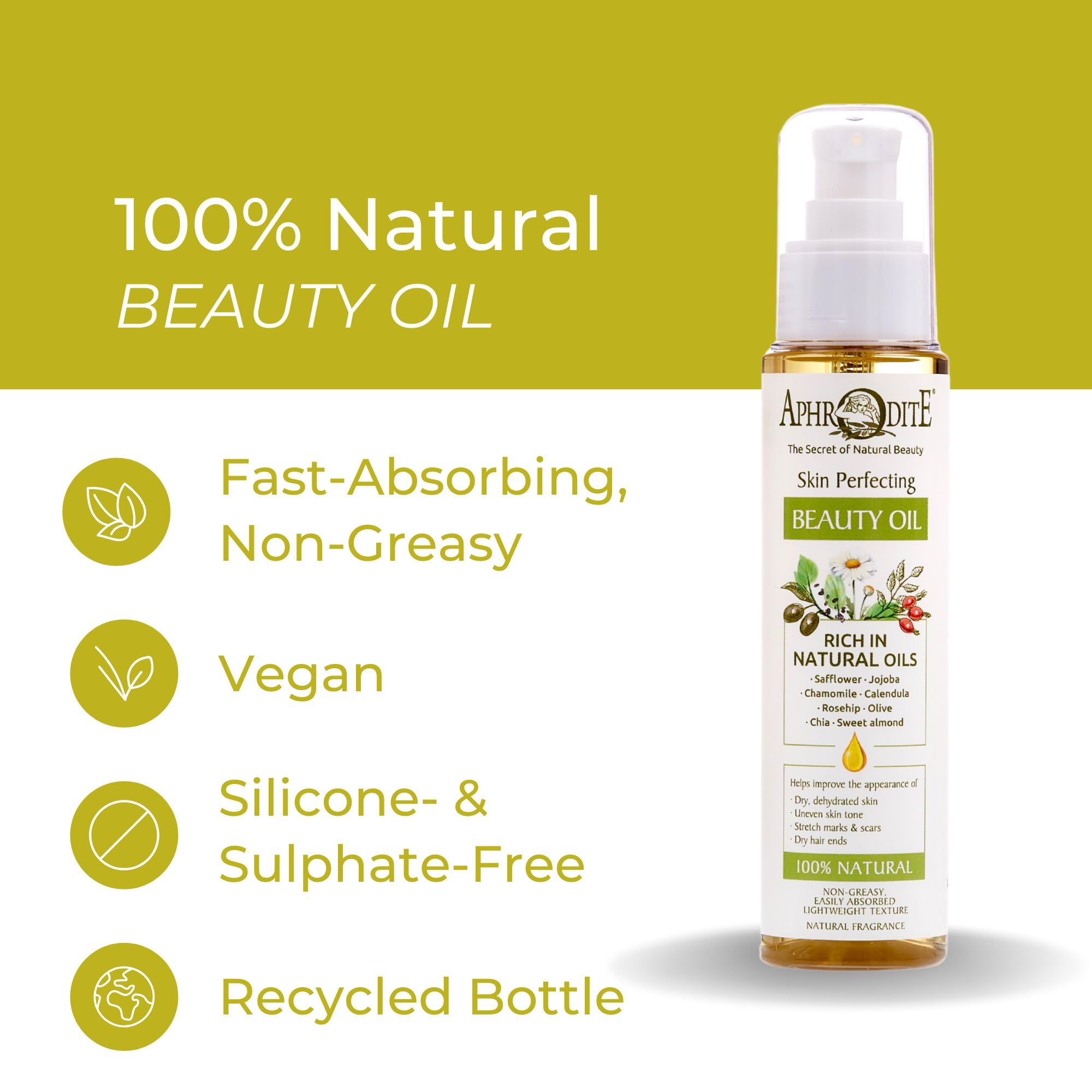 Aphrodite – 100% naturalny olejek do pielęgnacji skóry – wegańska formuła do skóry i włosów – wspomaga blizny i rozstępy – trwała i szybko wchłaniająca się formuła – Perfecting Beauty Oil