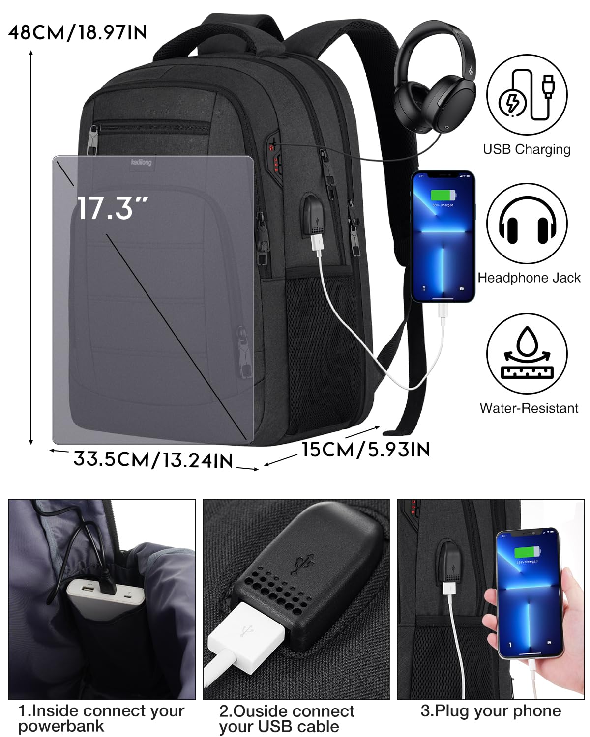 kadilong 17,3 Pouces Sac à Dos Ordinateur Portable pour Homme,Sac pour École Cartables Scolaires Université Lycée pour Ado Garcon