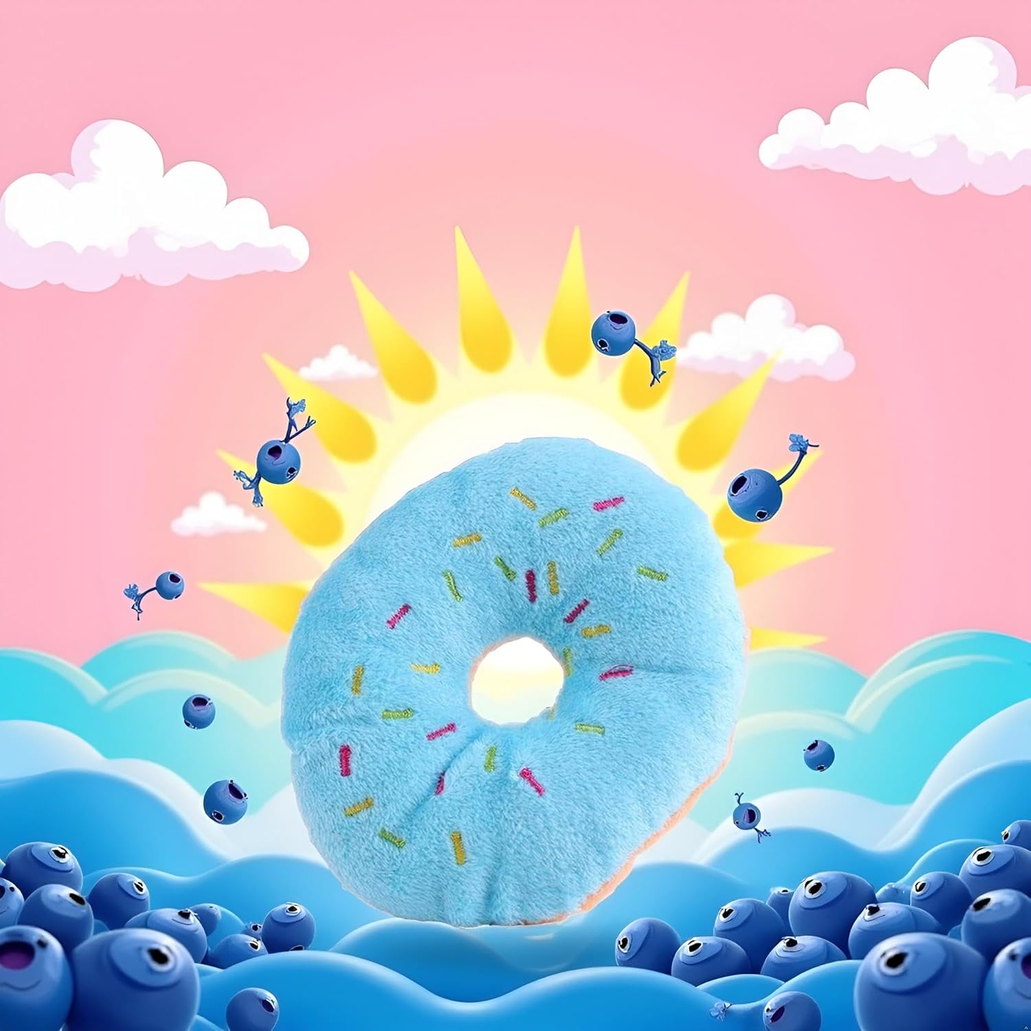 1Pc Blue Donut Shape Pet Toy,Lovely Donut Shaped Squeaky Squeaking Sound Toy for Pet Chew Toy Squeaky Plush Dog Toy Blueberry Squeaky Dog Toy Chew Guard Technology