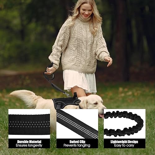 Miniatura 5 de BUMBIN Correa elástica de 6 pies con 2 asas para perros grandes, medianos y pequeños, resistente, sin tirones, absorción de golpes con cinturón de