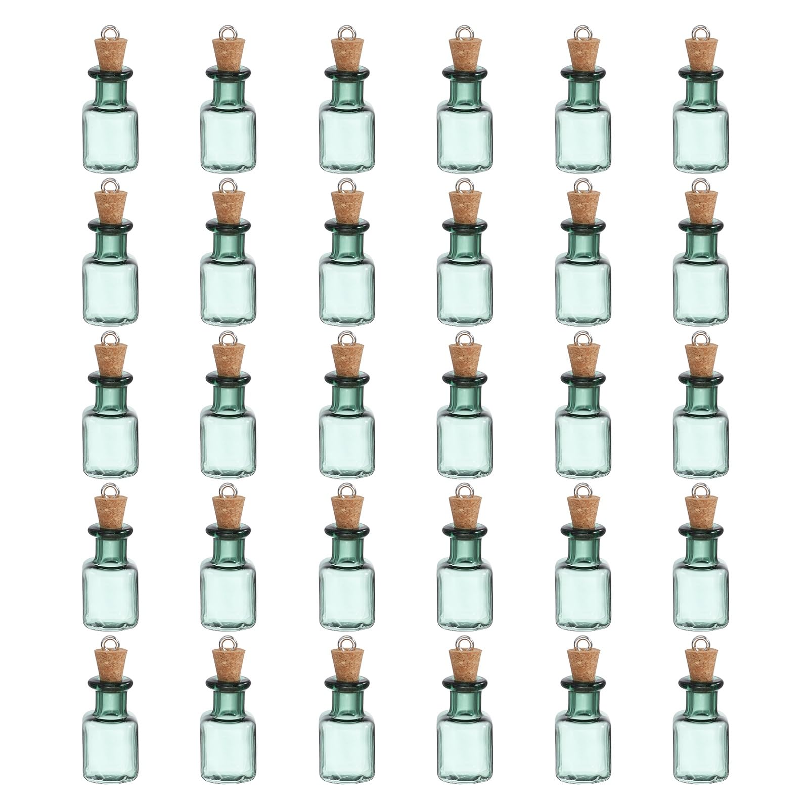 sourcing map 30 Pcs Mini Glass Bottles Jars, Square Small Cute Glass Jars Vials Pendants Small Vials Wishing Bottle with Cork Stoppers and Eye Screws for DIY Crafts Wedding Favors, Dark Green