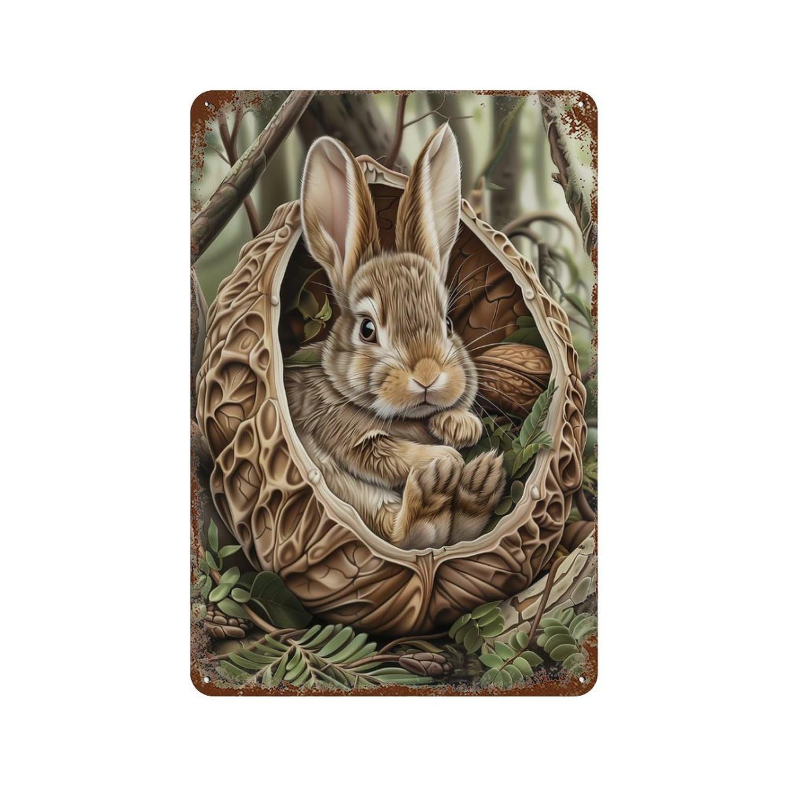 Rust Effect Rabbit in A Walnut Shell Decorative Tin Sign 11.8"x7.9", Rustic Home Decor for Cafe, Home Bar And Lounge Decor