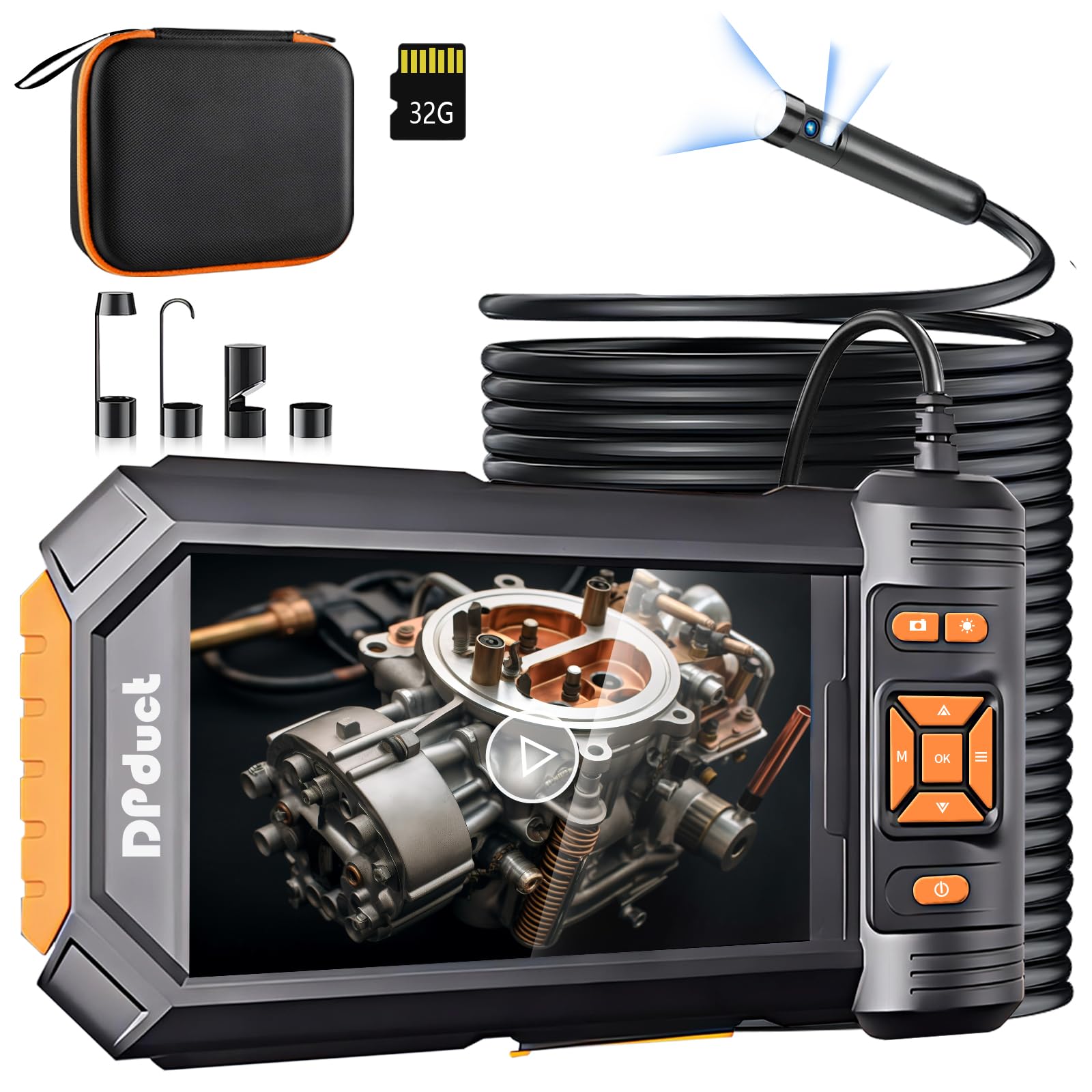 DPduct Endoskopkamera mit Licht, 10M Dual Lens Endoskop 5,0 Zoll IPS Bildschirm Inspektionskamera, 7.9mm Rohrkamera mit 8+1 Einstellbaren LED Licht, IP67 wasserdichte Industrie Endoskop Kamera-Orange