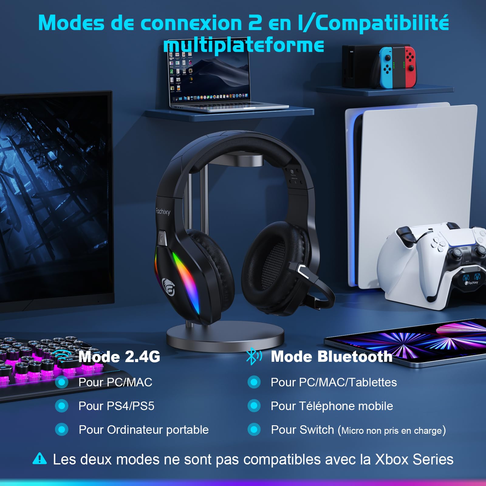Fachixy FC100「2025 Nouvelle」Casque de Jeu sans Fil pour PS4, PS5, PC - 2,4 GHz et Casque Bluetooth avec Microphone - Son stéréo 3D et autonomie de 50 Heures - pour Switch, Smartphones, Noir