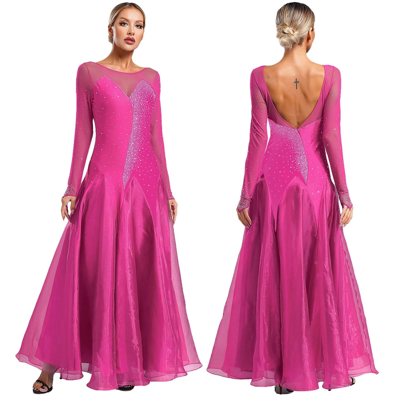 Ballkleider für Damen Frauen Ballsaal Tanzkleid Modern Dance Strass Kleider Ballsaal Walzer Wettbewerb Leistung Kostüm(Pink,M)
