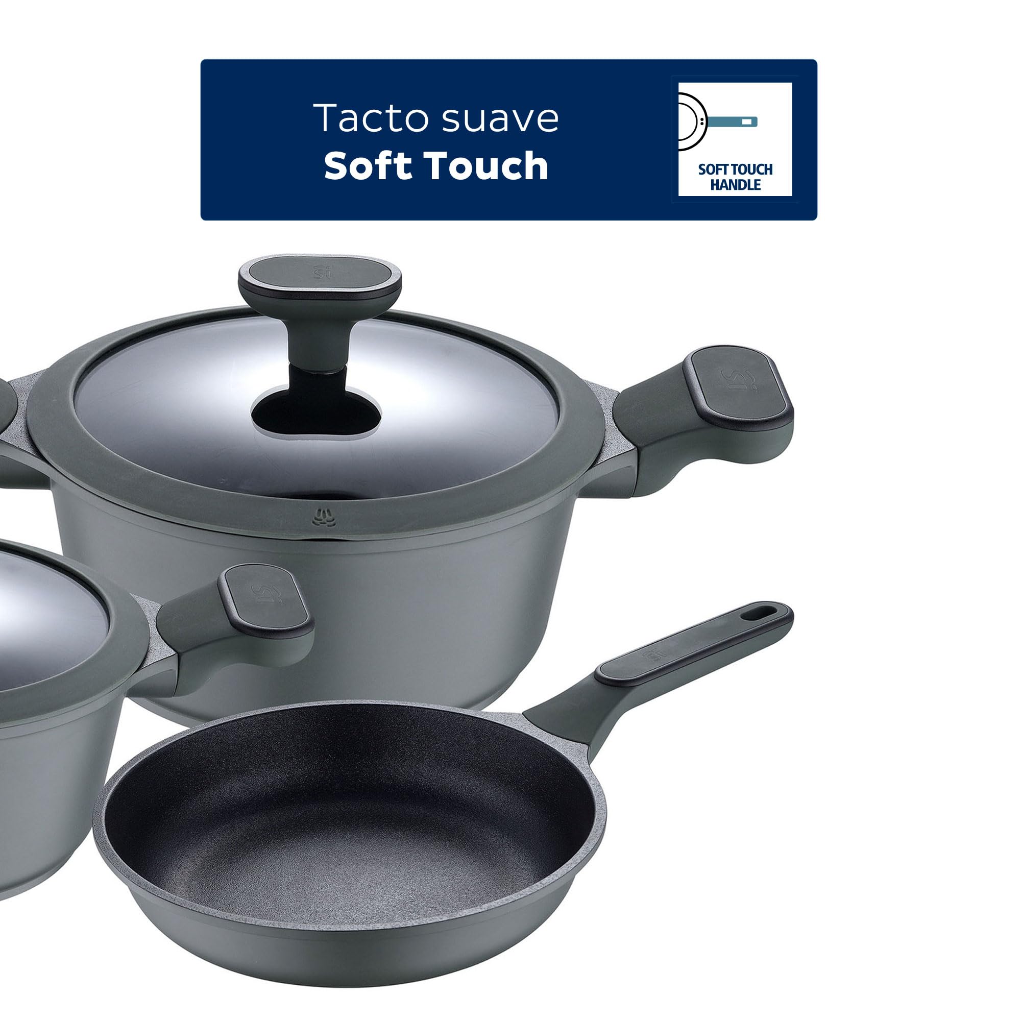 Zestaw 5pcs bateria kuchenna: patelnia bez pokrywy 24 (1,9 L), patelnie z pokrywką 20 (2,46L) i 24 cm (4,3L), odlewane aluminium, nadaje się do indukcji, kolekcja Solo od San Ignacio