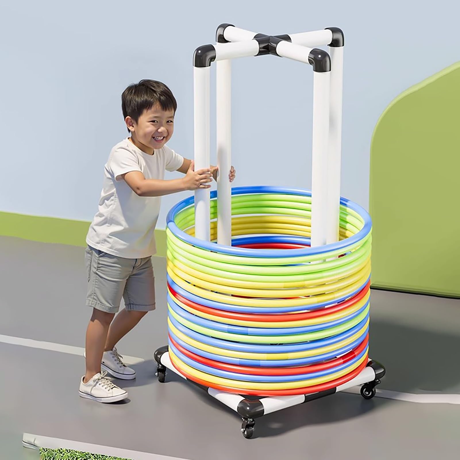 Supporto portatile per Hula Hoop con ruote per una facile conservazione e mobilità, organizer salvaspazio per attrezzature fitness per casa e palestra