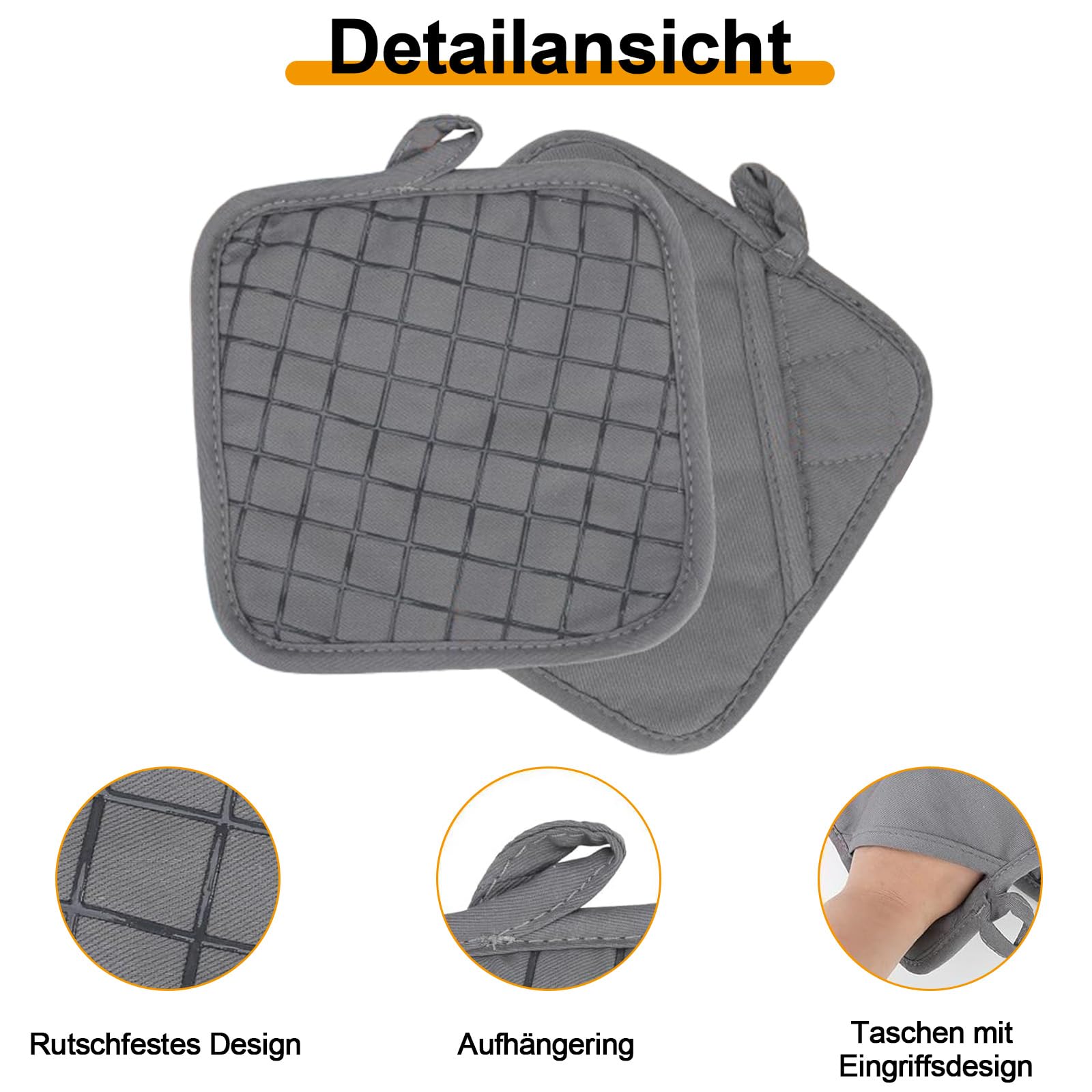 Lot de 2 maniques Noires avec Poche, maniques en Coton résistant à la Chaleur,Gants Cuisine,Gants Four,Plats Carrés de 17,5 x17,5 cm pour Cuisine, Pâtisserie, Protection des Mains et Surfaces