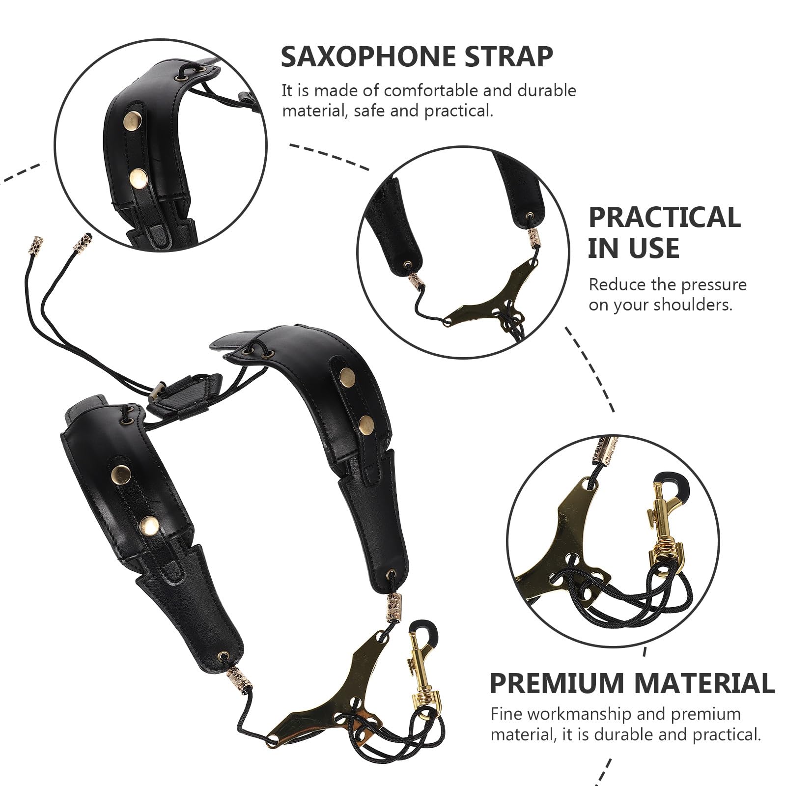 Abaodam Correa de Hombro Acolchada Material de Cuero y Metal Negro, Práctica y Resistente para Saxofón Adecuado para Músicos Adultos y Estudiantes