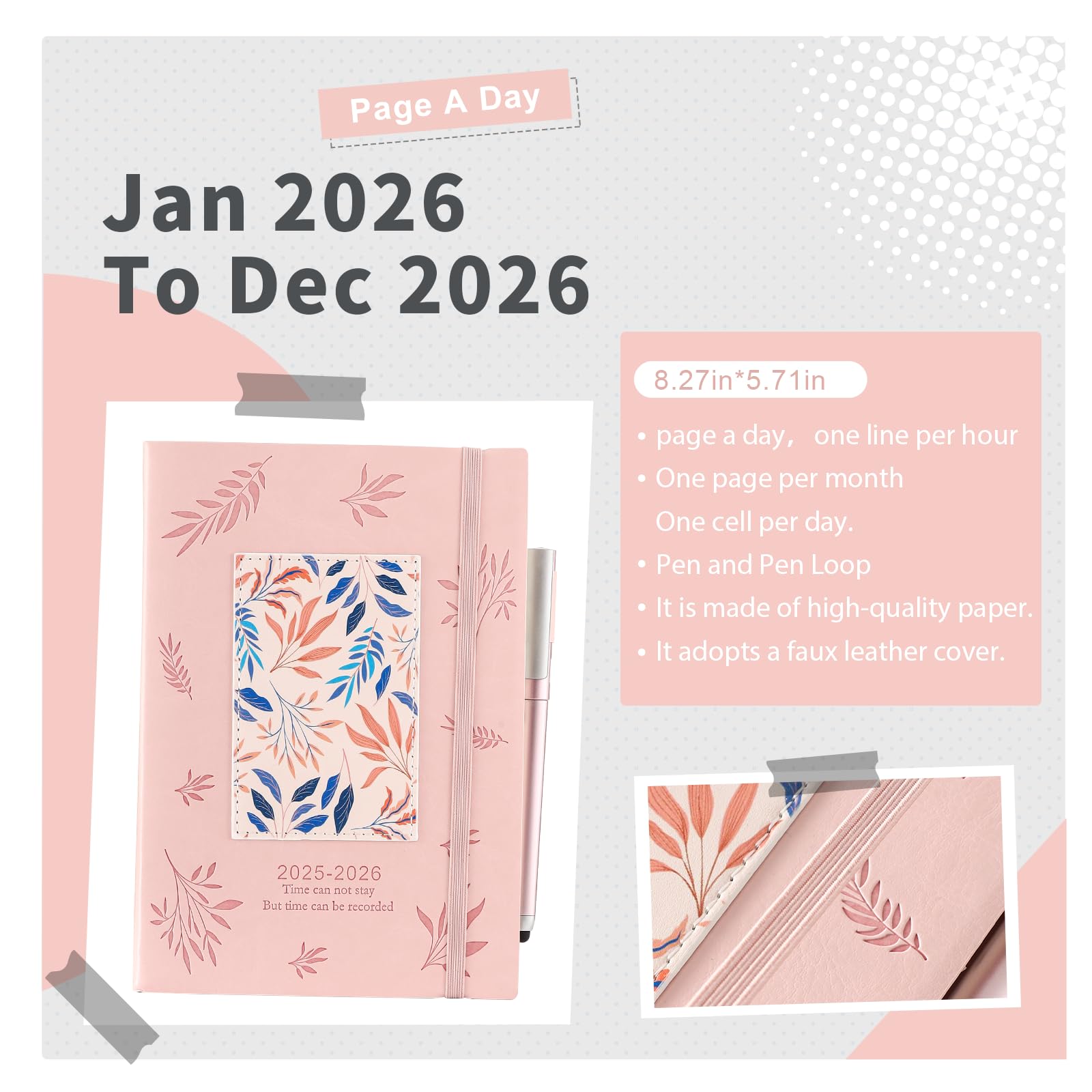 Agenda 2026, A5, Página Por Día, Agenda Organizadora, Agenda Diaria, De Enero De 2026 A Diciembre De 2026, Planificador Semanal Mensual Con Bolígrafo, Calcomanías (rosa 2026, A5