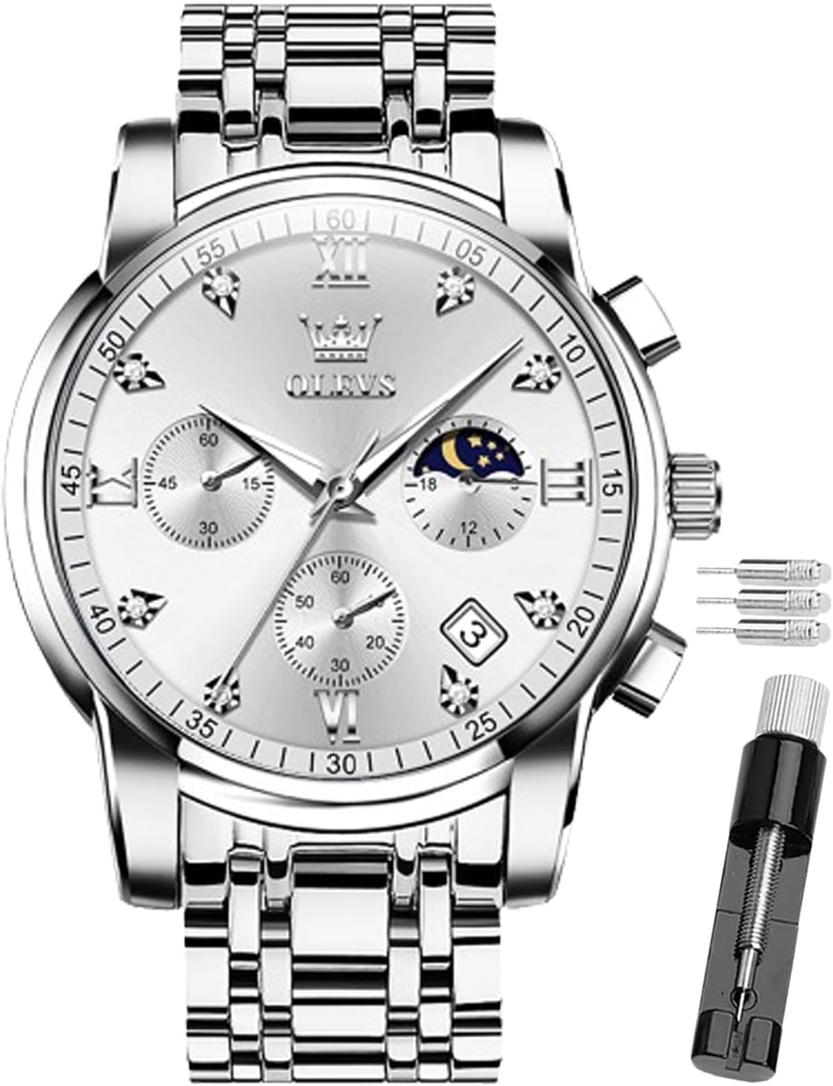 Male Wrist Watches, Analog Quartz Business Stainless Steel Waterproof Luminous Luxury Casual Big Diamond Dial Date Multi-Function Chronograph for Man