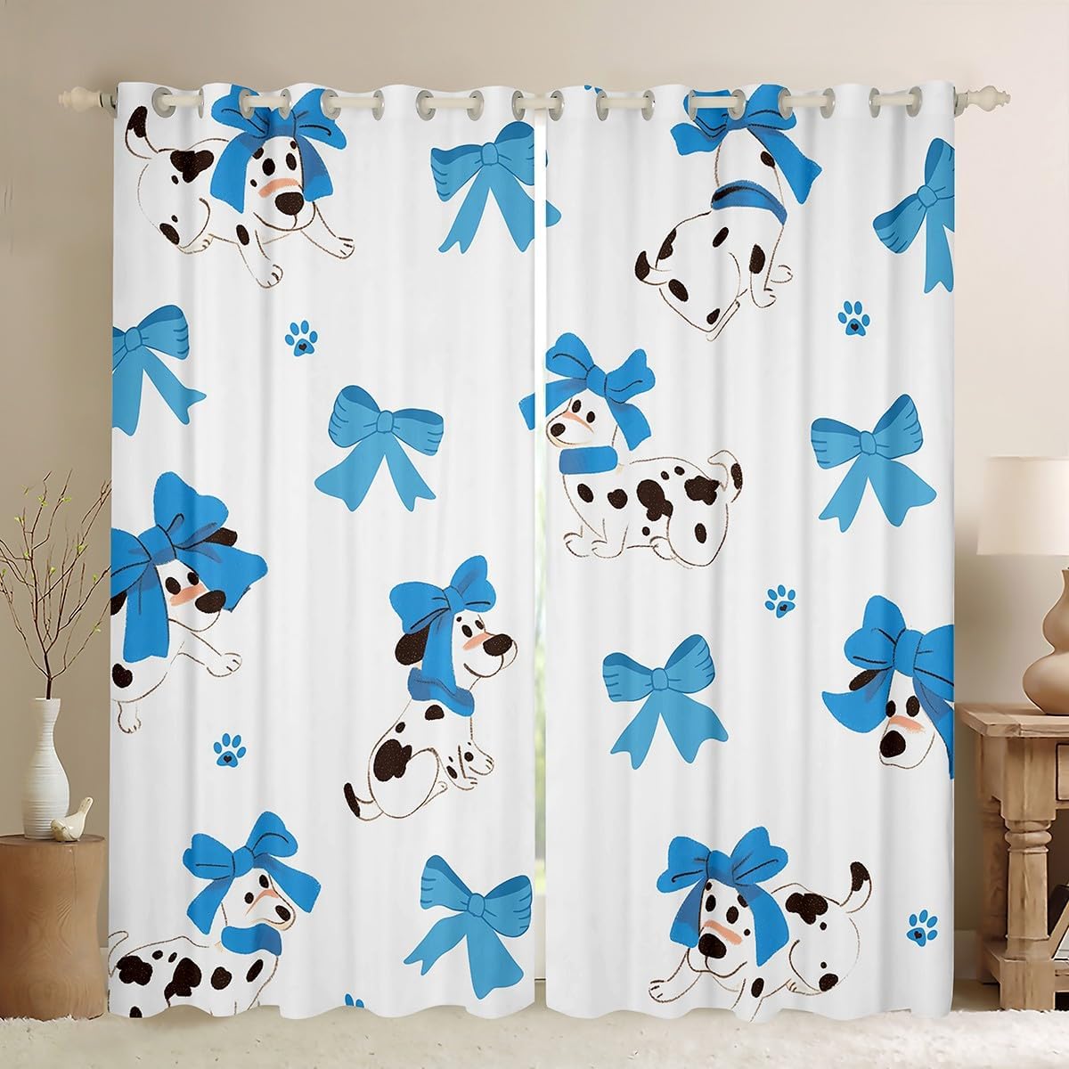 Spotted Dogs Window Curtain,Sweet Blue Bowknot Curtains Kids Women Teens Adult Bedroom Decor,Paw Print Window Treatment Curtain Cute Cartoon Kawaii Pets Cartoon Window Drapes,Top 2 Panels,52" Wx84 L