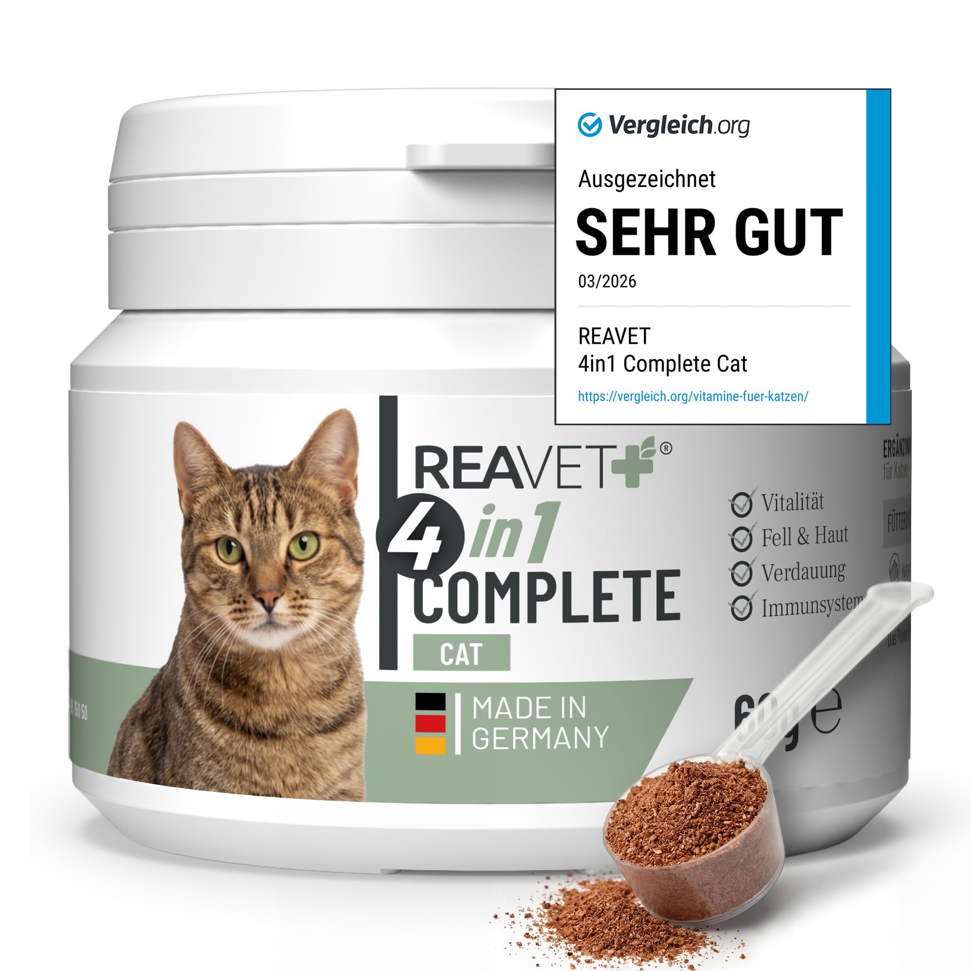 ReaVET Complete Cat 4 en 1 - Suministro natural para gatos durante 2 meses, vitaminas para gatos, activa las defensas, fortalece el sistema inmunológico, articulaciones y gastrointestinales, con