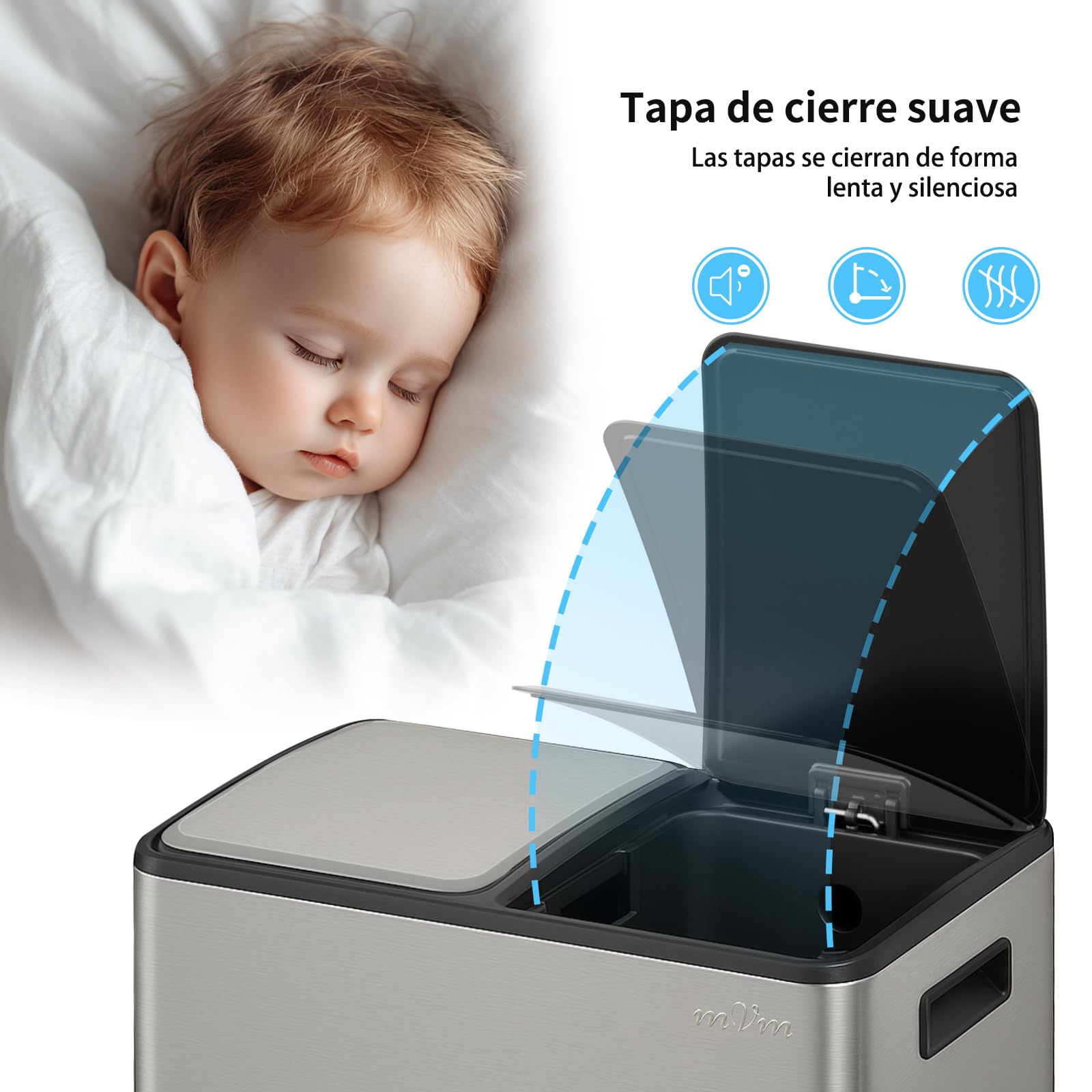 mVm Cubo de Basura Cocina, 2 Compartimentos 2 x 30L Papelera de Cocina de Acero Inoxidable con Pedales, Papelera Moderna y Robusta, Cierre Suave, para Cocina, Salón, Gris