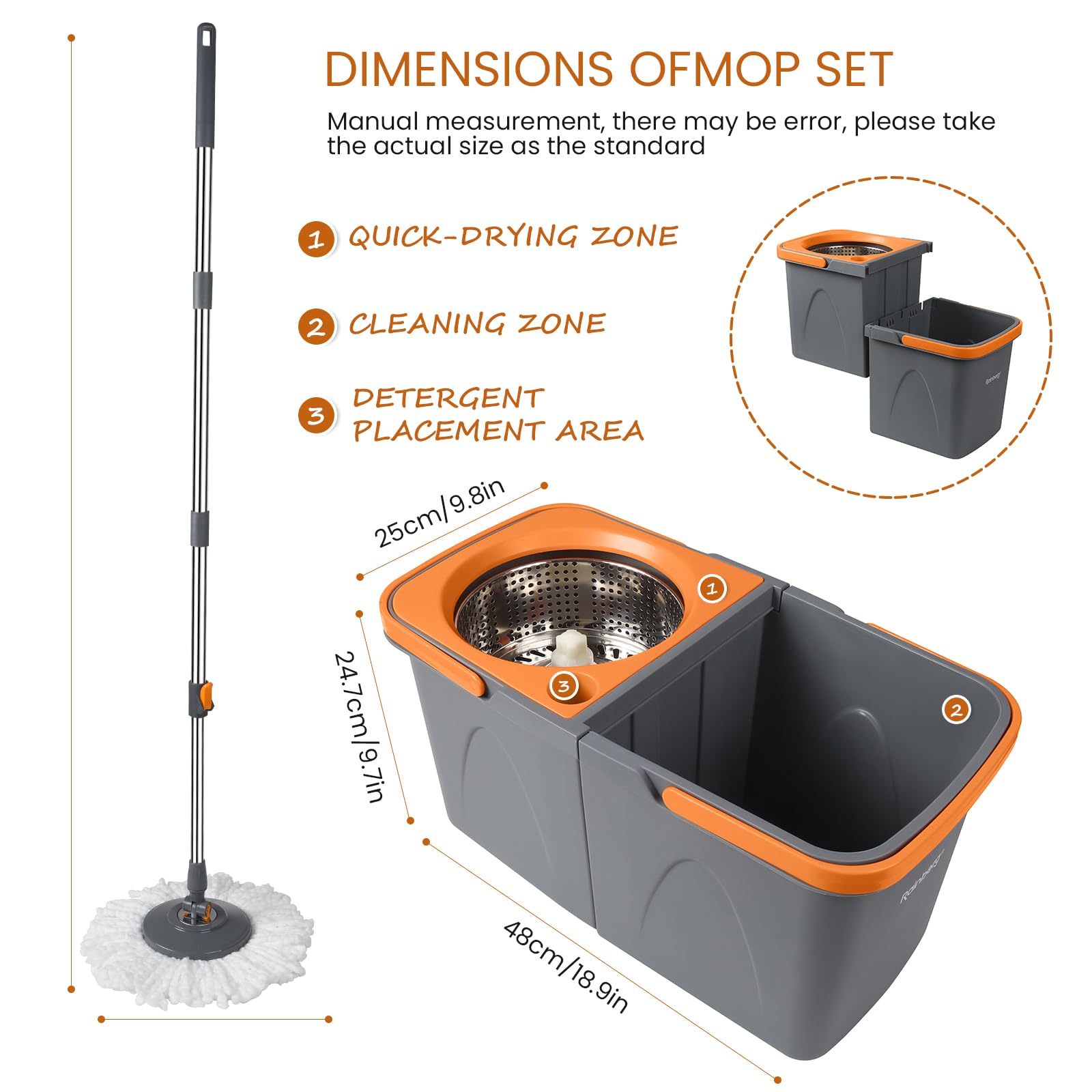 Rainberg Spin Mop und Eimer Set mit 3 extra Köpfen, 130 cm ausziehbarer Griff, maschinenwaschbare Mikrofaserköpfe, selbstauswringendes System, Grau und Orange (Spin Mop Set)