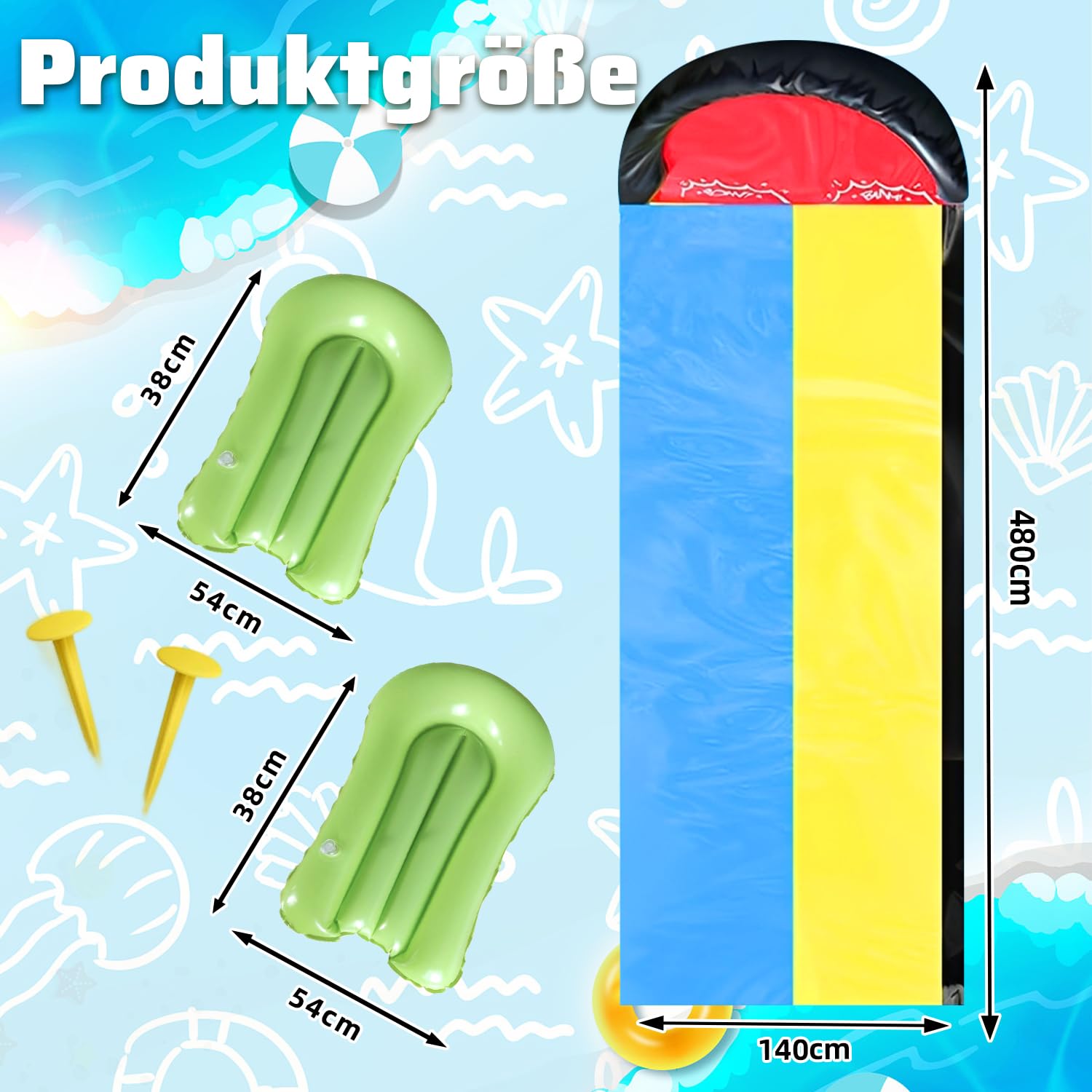 Wasserrutsche 15.75ft/480cm mit 2 Bodyboards eingebautem Sprinkler für Kinder Blau Gelb