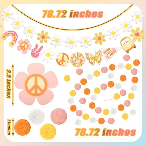 Miniatura 2 de Tegeme Juego de 4 guirnaldas de decoraciones de fiesta, bola de fieltro, pancarta hippie y margarita, juego de guirnalda bohemia con pompones de 6.5